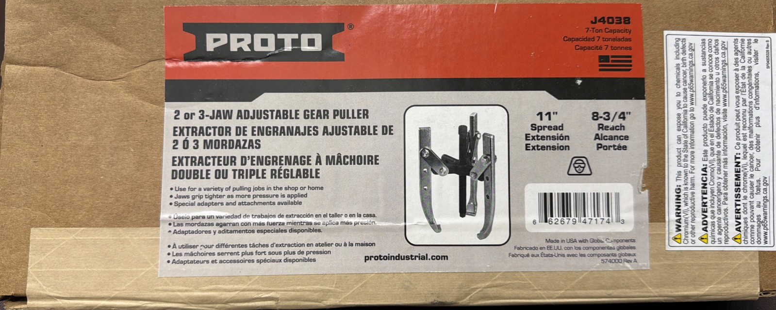 Proto J4038 Gear Puller, 7 ton, 3 Jaws, 9 in Max Reach, 11 in Max Spread