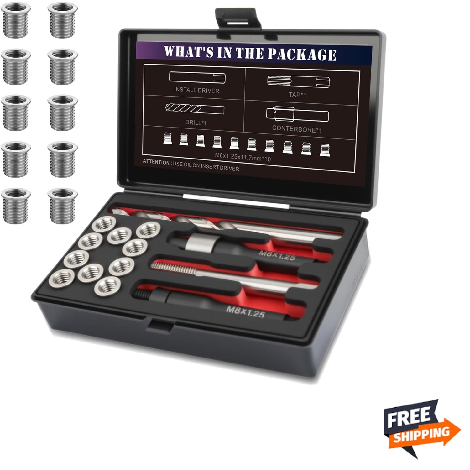 Repair Damaged Threads with M8x1.25 Thread Kit – Includes Drill & 10 Inserts