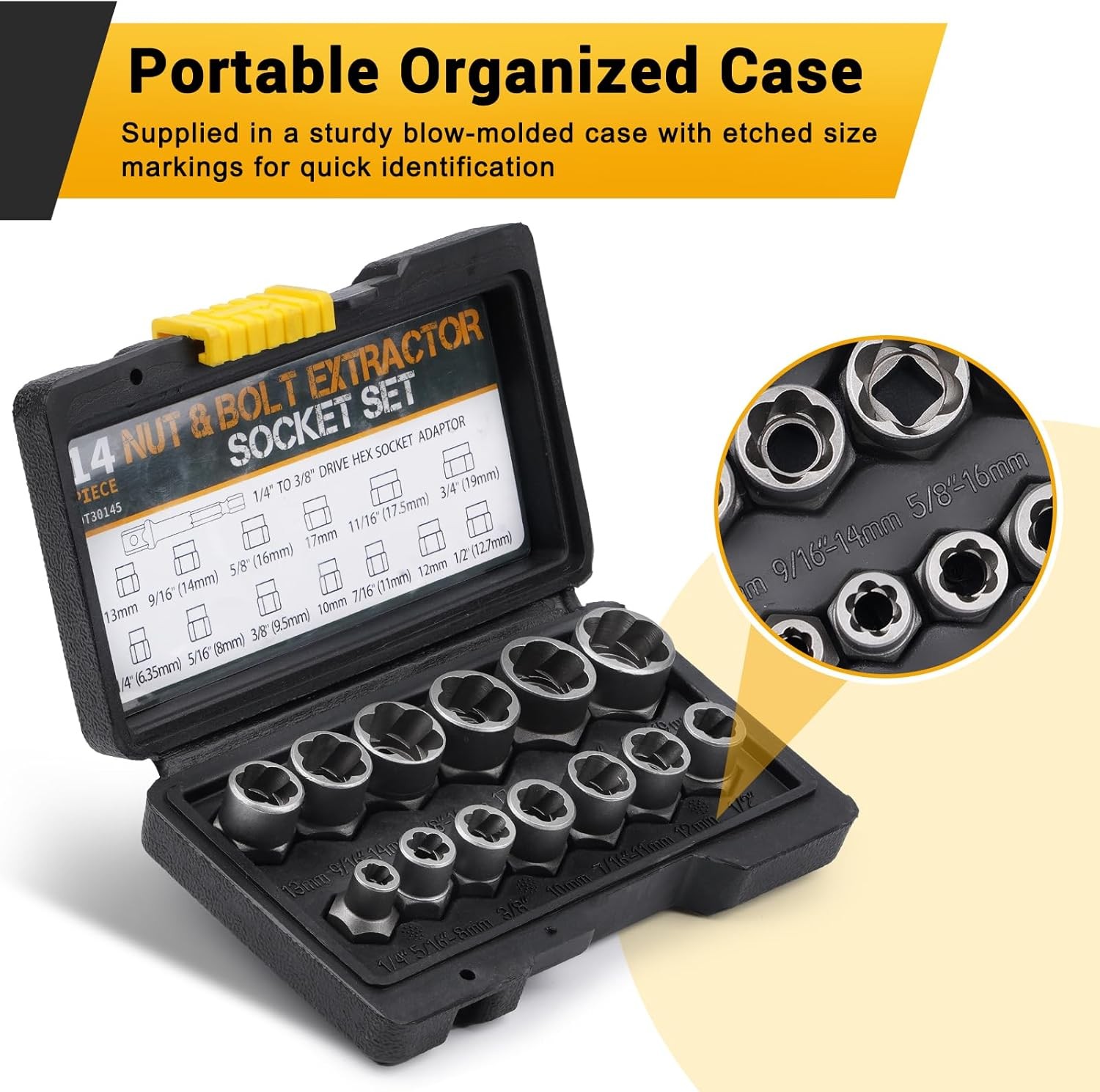 14pc Impact Bolt & Nut Remover Set 3/8″ Drive Bolt Extractor Tool Kit With Case