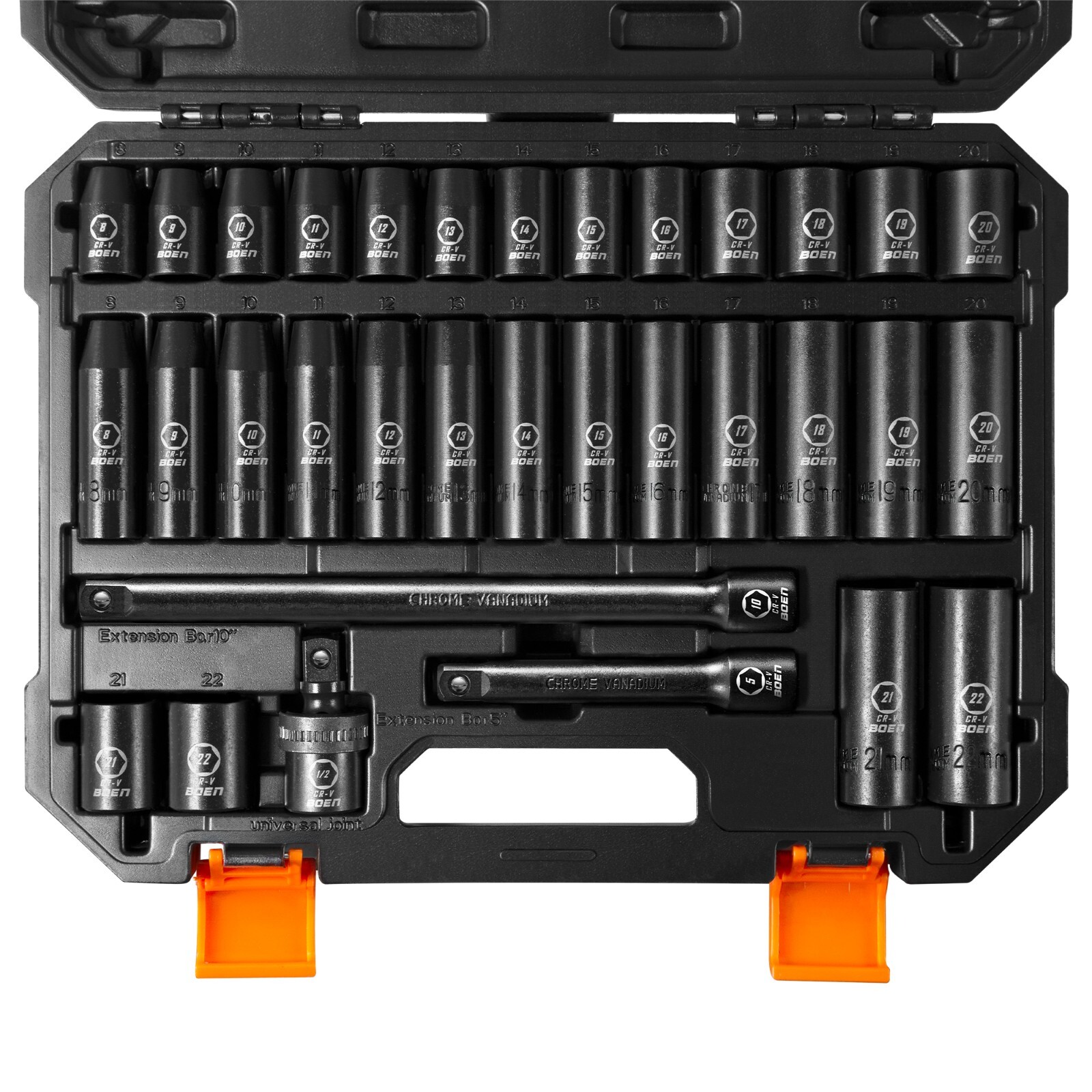 33Pcs 1/2 Inch Drive Deep Impact Socket Set, Metric 8-22mm,5″/10″ Extension Bars