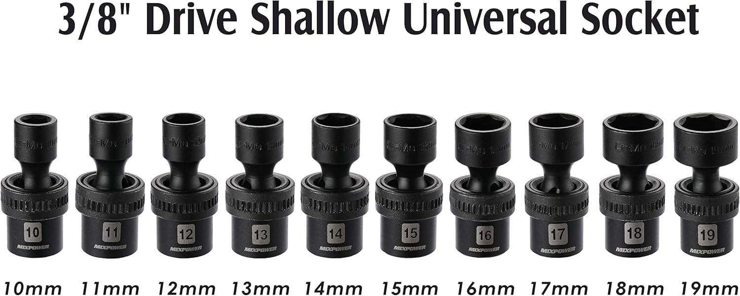 Universal 3/8″ Drive Shallow Impact Socket Set – 10 Pieces with Wobble Design