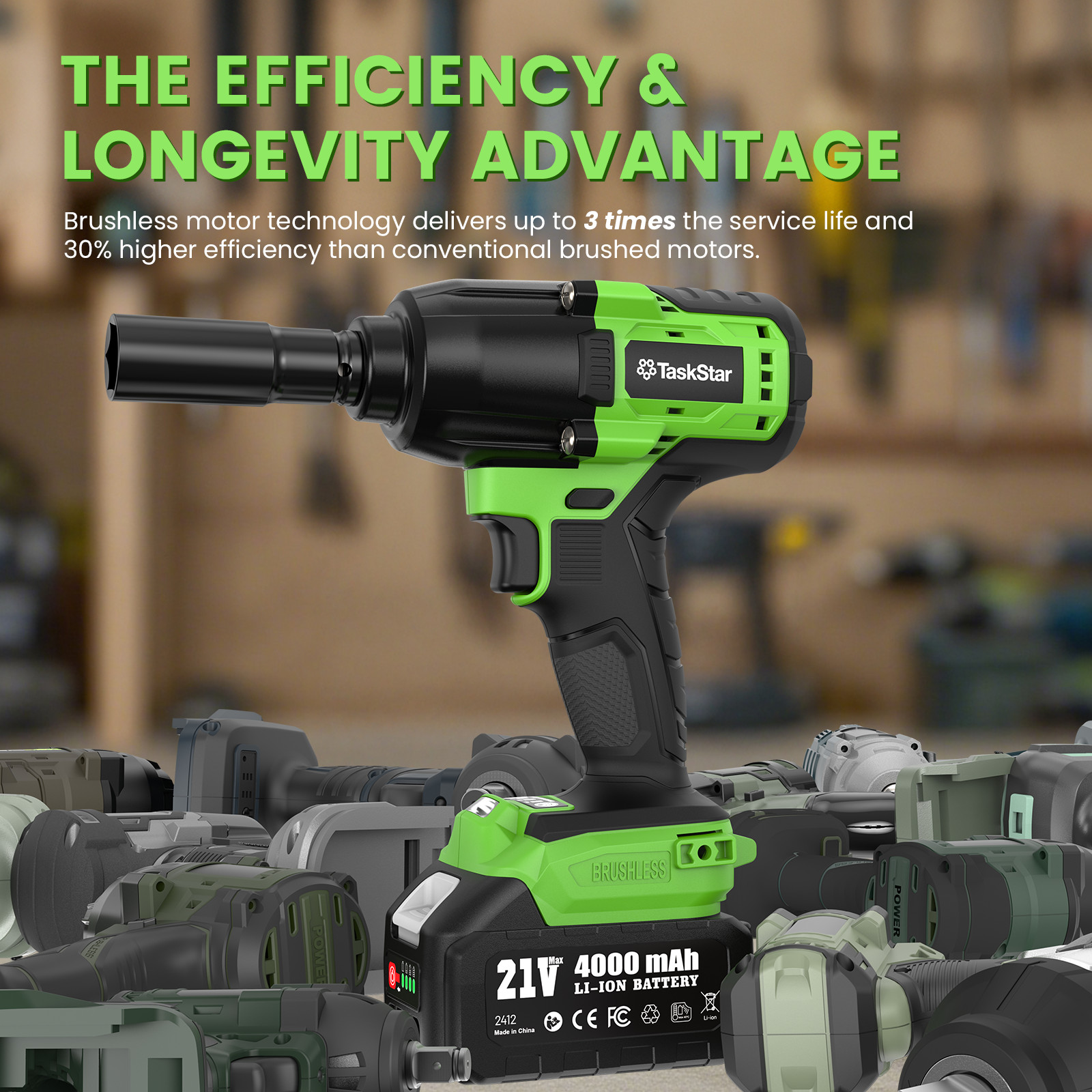 TaskStar 1300N.m (958ft-lbs) 1/2″ Cordless Impact Wrench 2x 4000mah Fast Charge