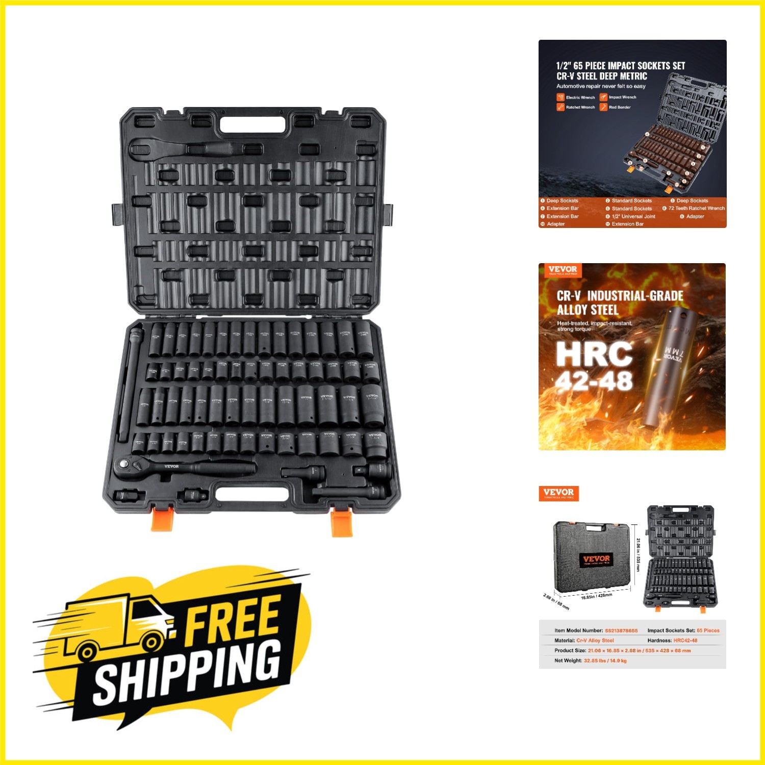 Comprehensive 65-Piece Impact Socket Set | Rugged Case & Easy Size Markings