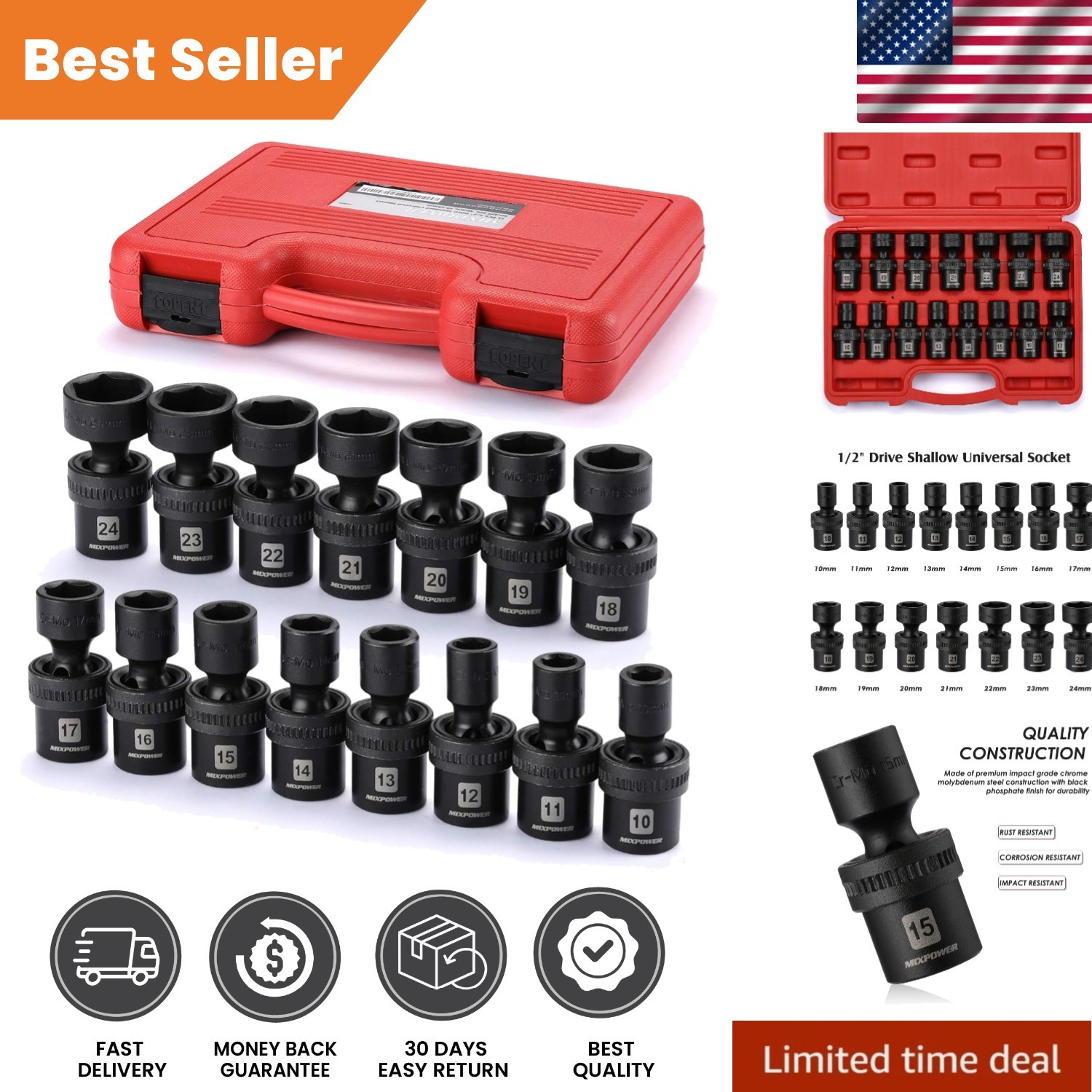 Professional 15-Piece Metric Swivel Impact Socket Set – Easy Read Laser Markings