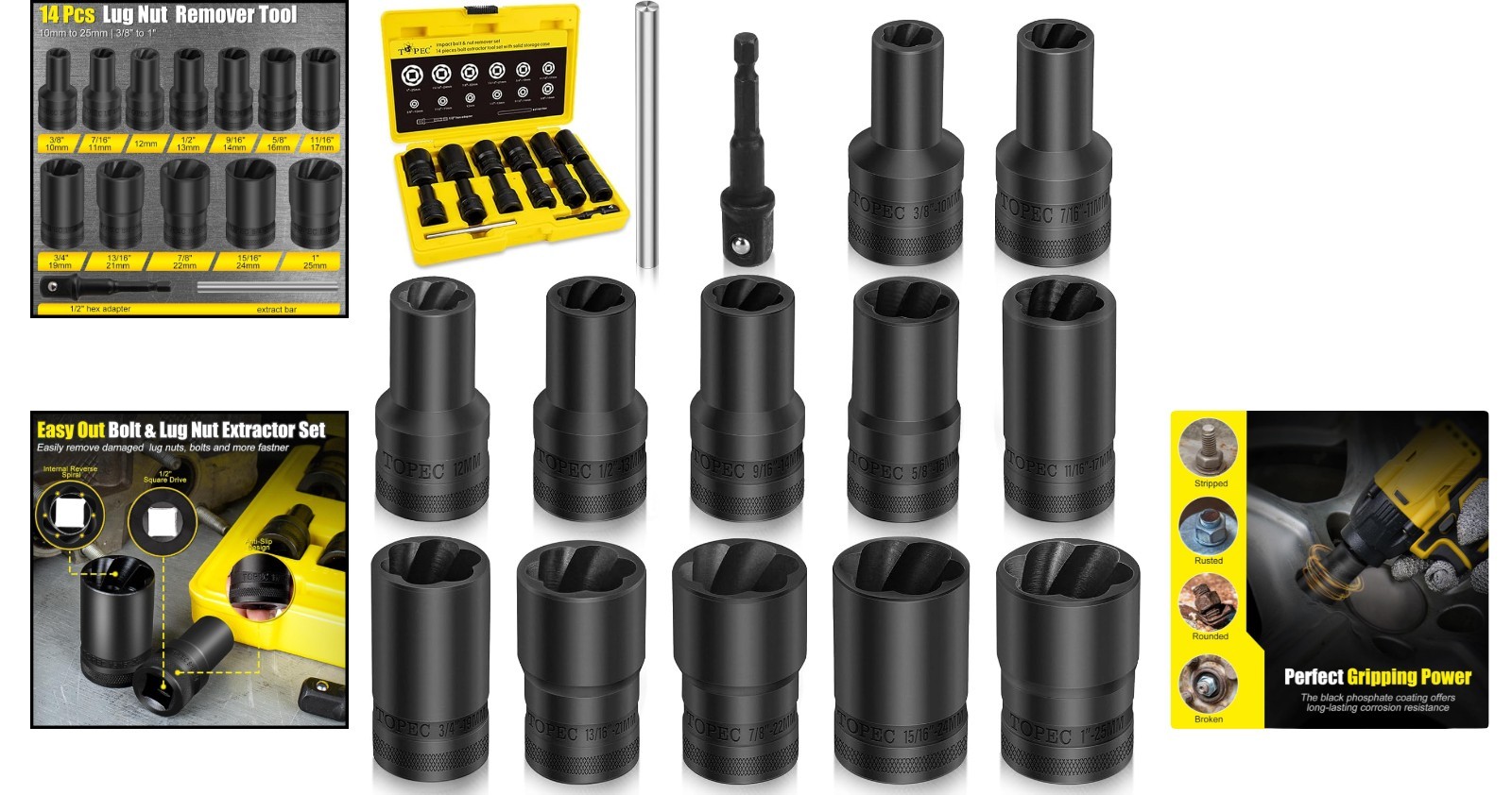 14 Piece Lug Nut Removal Set for Rusted and Damaged Bolts