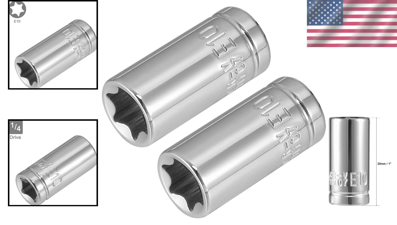 2Pcs E10 Torx Shallow Socket, 1/4 Inch Drive – Durable Cr-V Steel, Polished