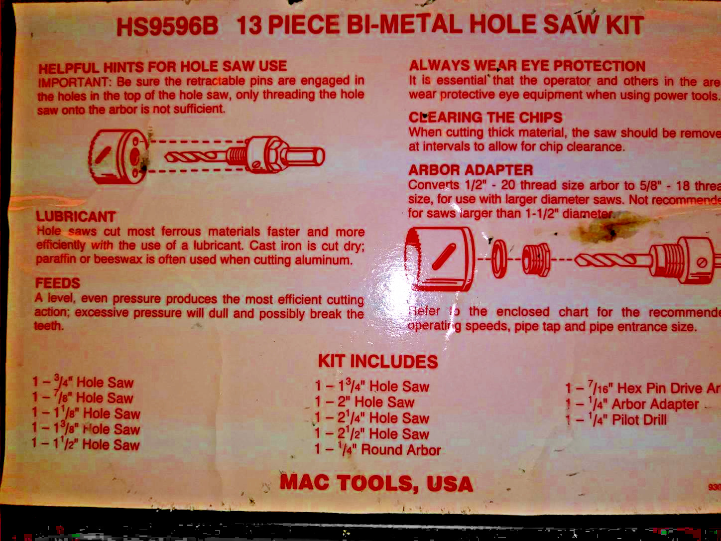 MAC-TOOLS 13 PIECE HOLE SAW KIT NUMBER HS9596B WITH CASE EXCELLENT CONDITION