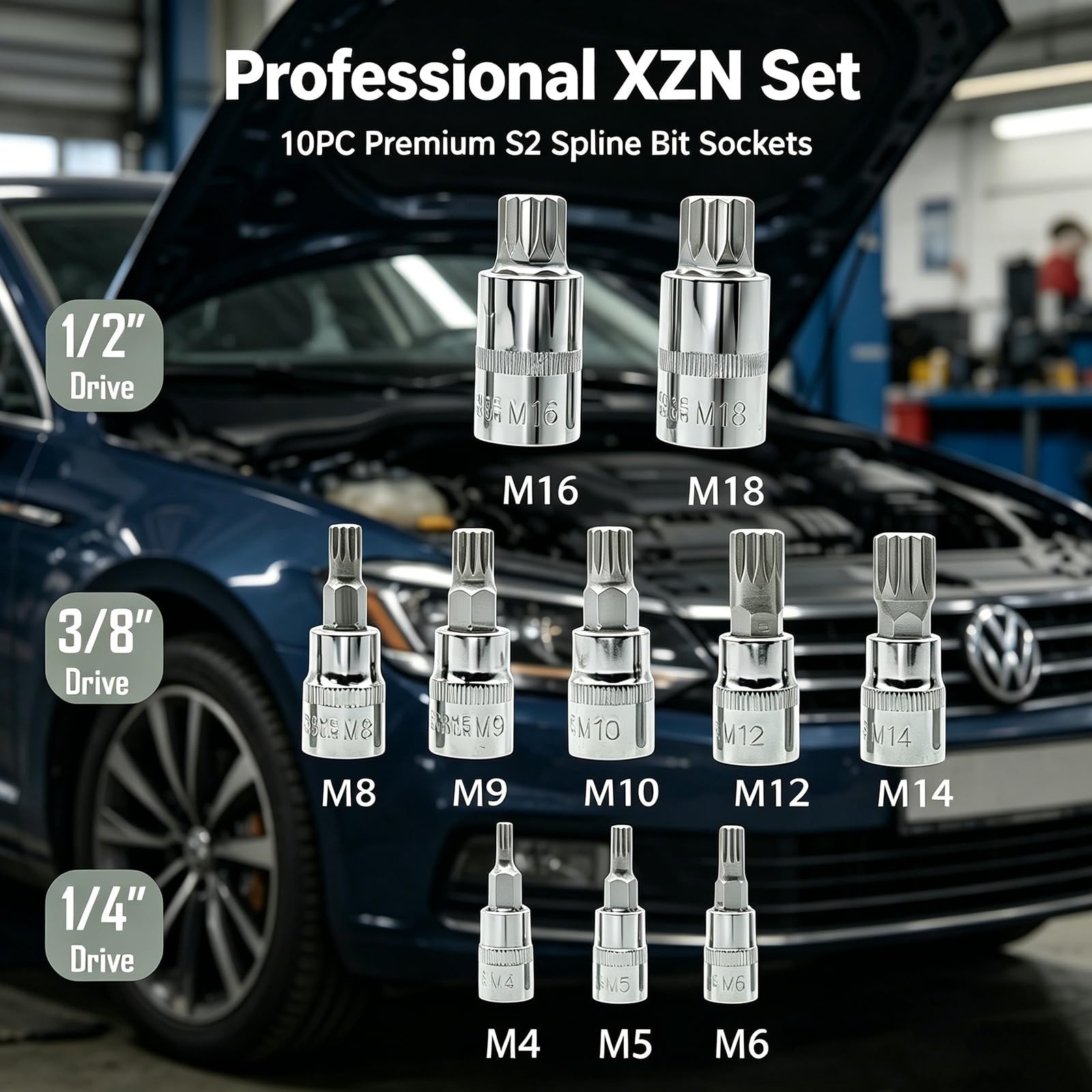 10-Piece S2 XZN Triple Square Bit Socket Set, M4-M18, Professional Mechanic Tool