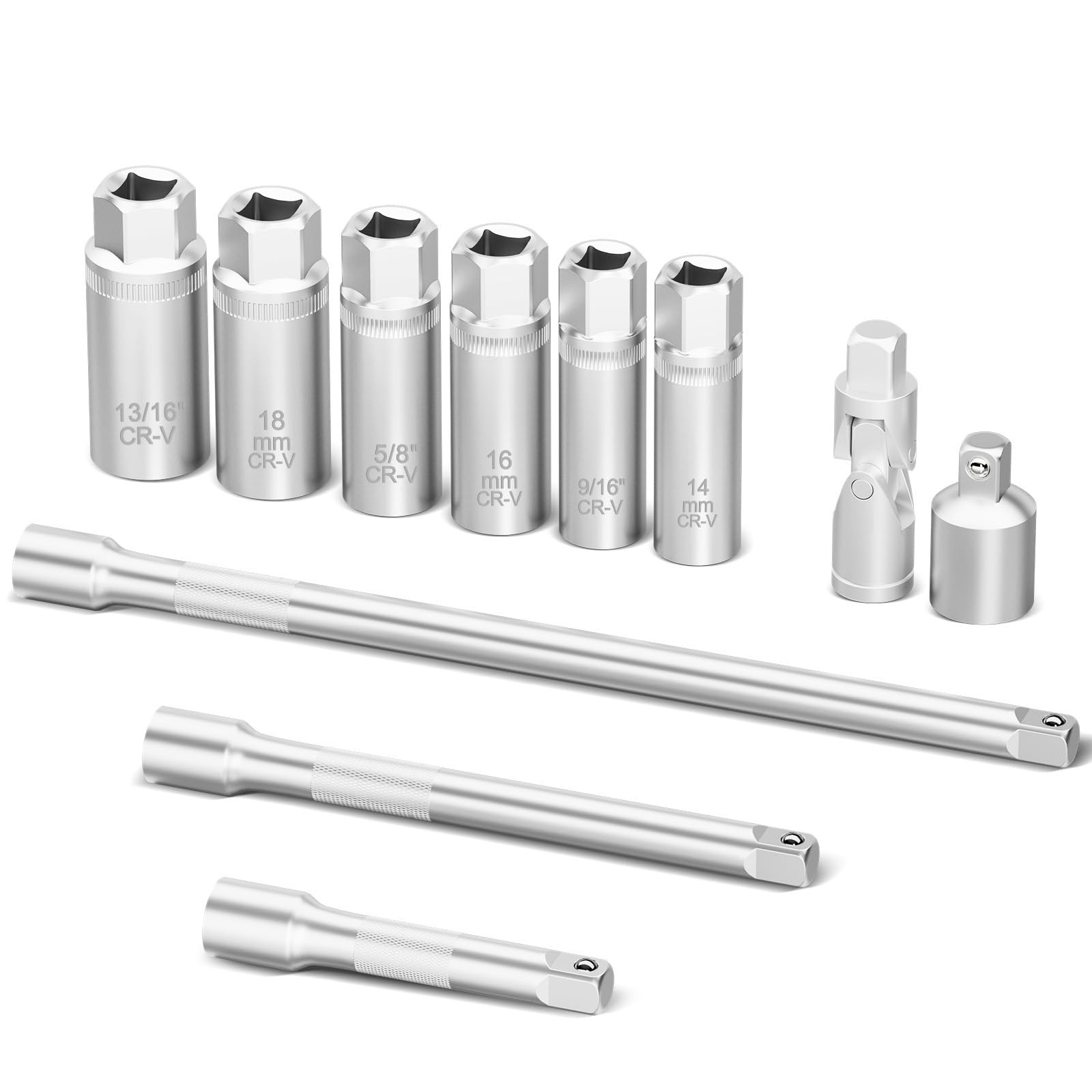 11-Piece Spark Plug Socket Set, 3/8″ Drive, SAE & Metric Sizes, Magnetic Tool &