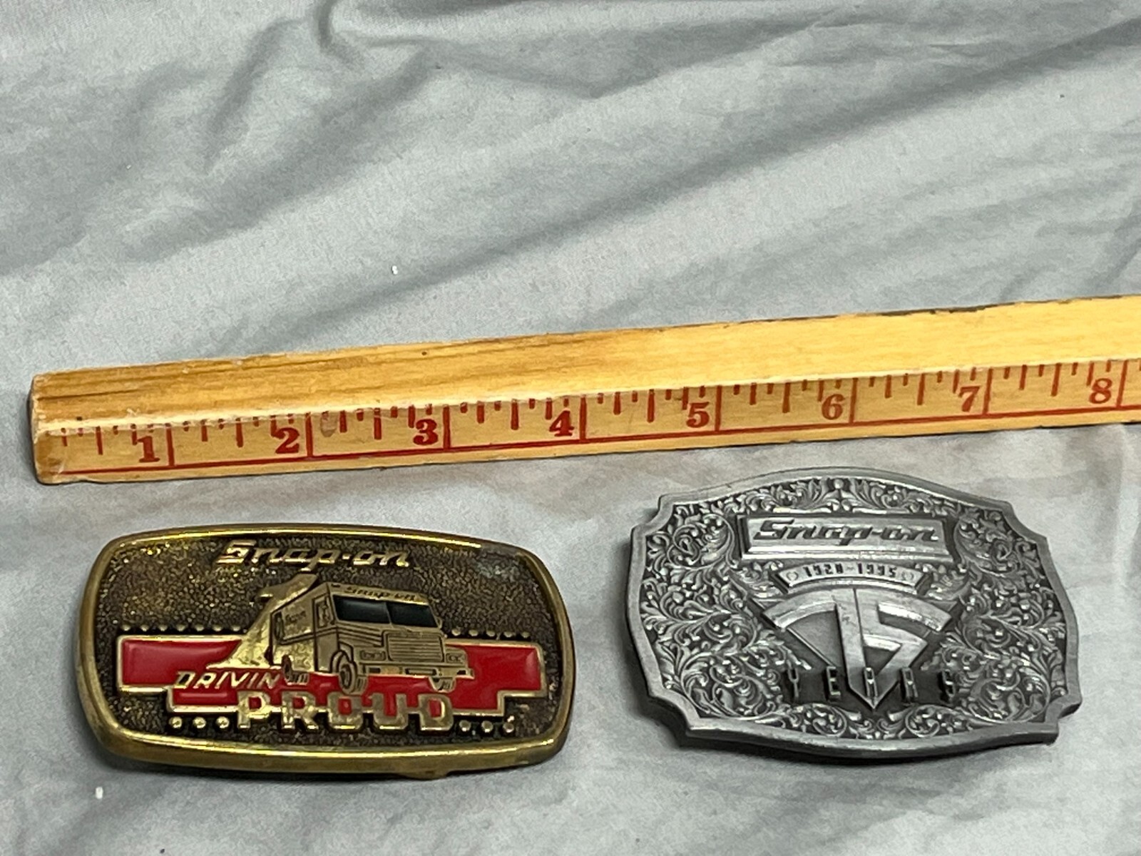Vintage Snap-On Tools Drivin Proud Brass & 75th BELT BUCKLES Lot of 2