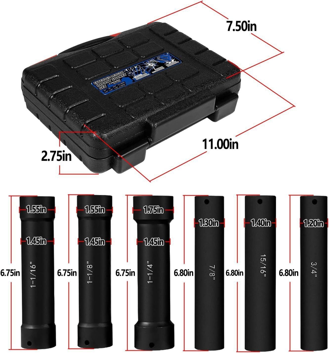 1/2″ Drive Extended Length Impact Sockets 3/4″ 7/8″ 15/16″ 1-1/16″ 1-1/8″ 1-1/4″