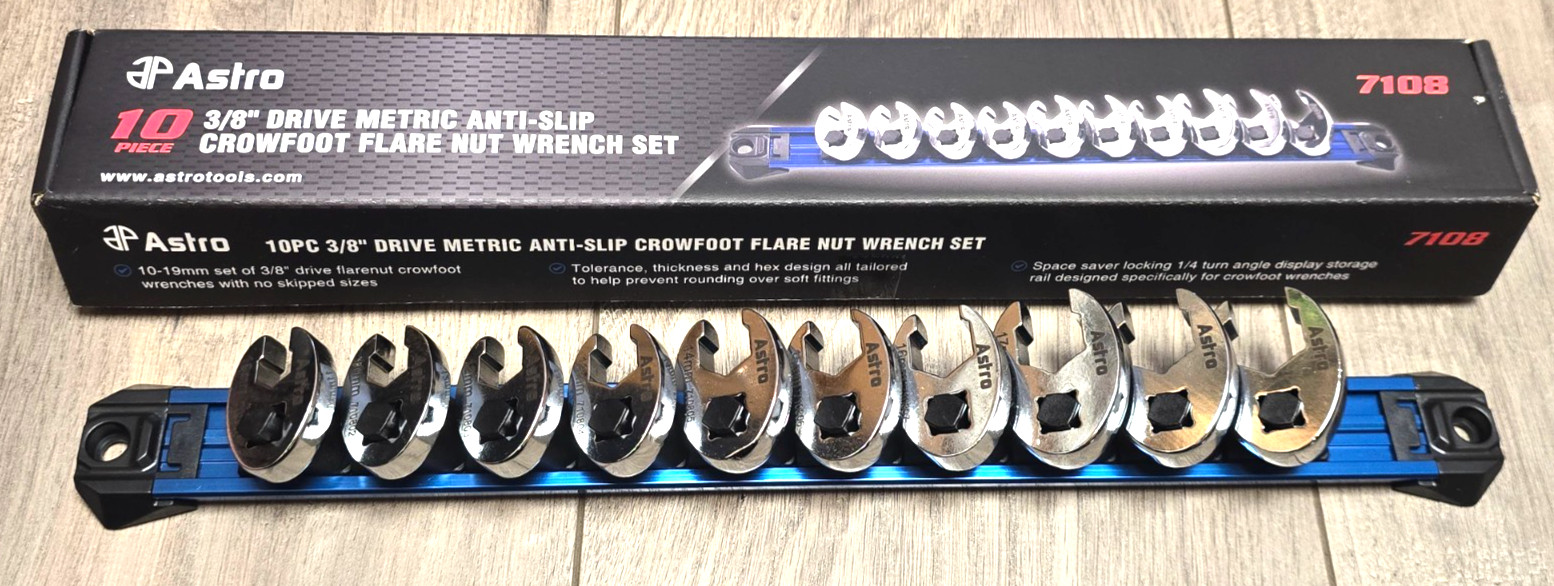Astro Tools 7108, 10pc Anti-Slip 3/8dr Flare Nut Crowfoot Wrench Set 10-19MM