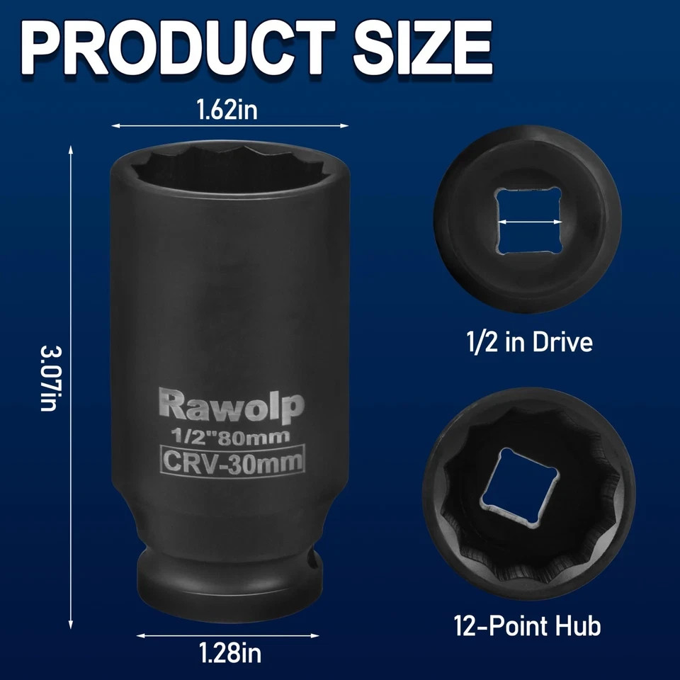 Axle Nut Impact Socket, 30mm 12-Point, 1/2 Inch Drive, Deep Well Hub 1pack