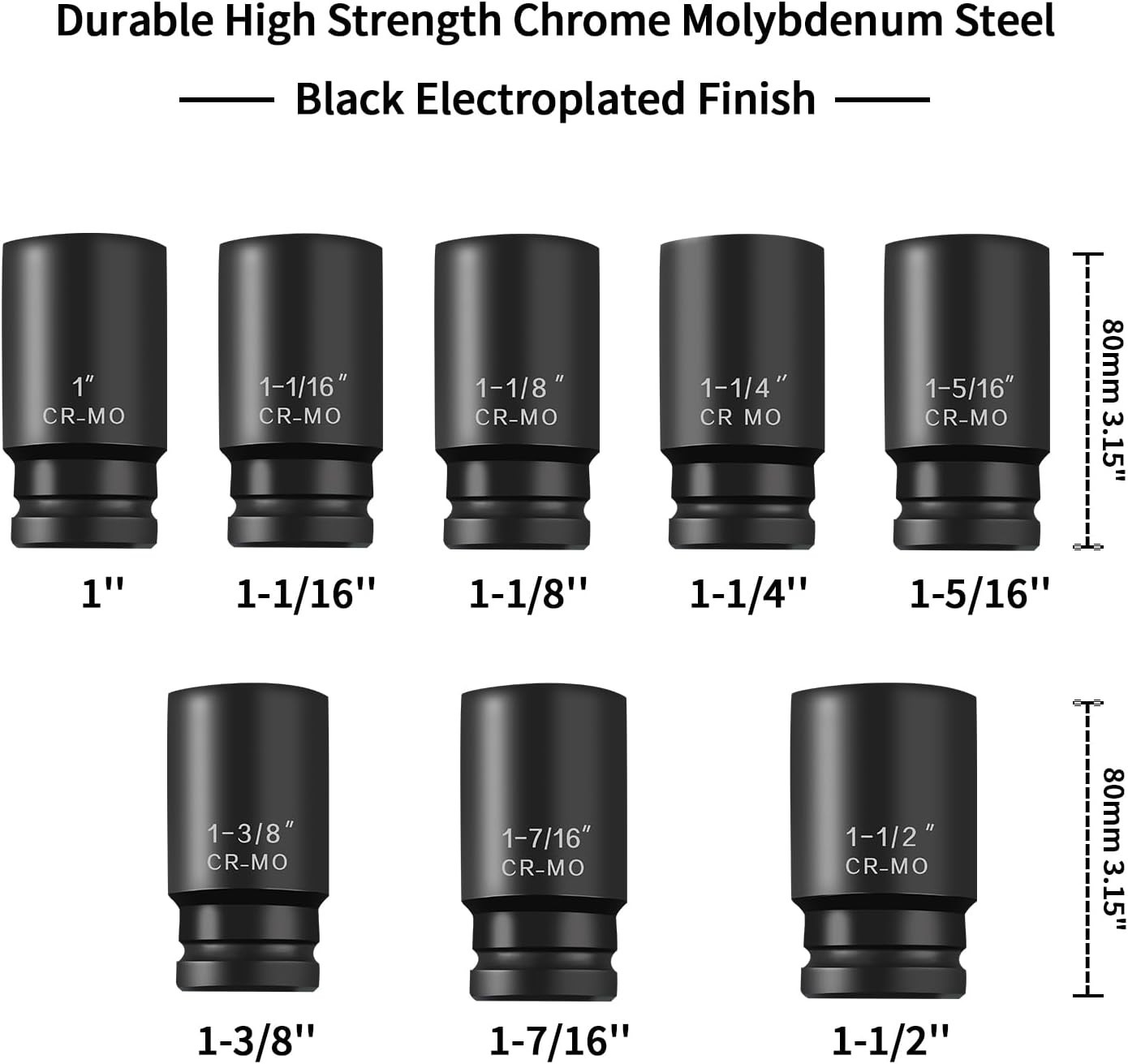3/4 Inch Drive Deep Impact Socket Set,6-Point,SAE1″to 1-1/2″,8 Pcs,Cr-Mo.Heav…