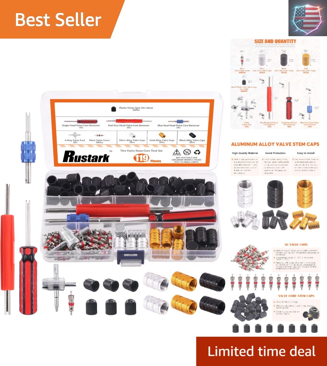 119Pcs Valve Core Remover Tools with Aluminum Tire Valve Stem Caps, Valve Cor…