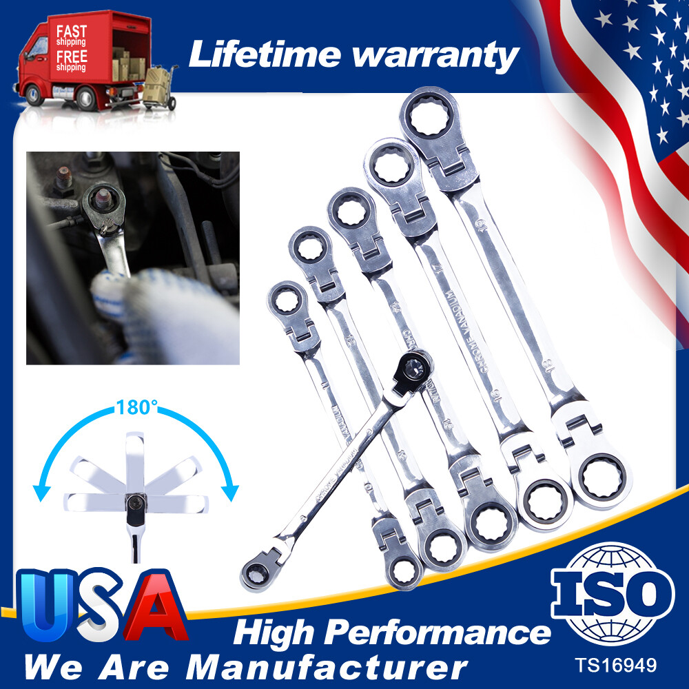 6Pack 8-19mm Metric Flexible Head Ratcheting Wrench Combination Spanner Tool Set