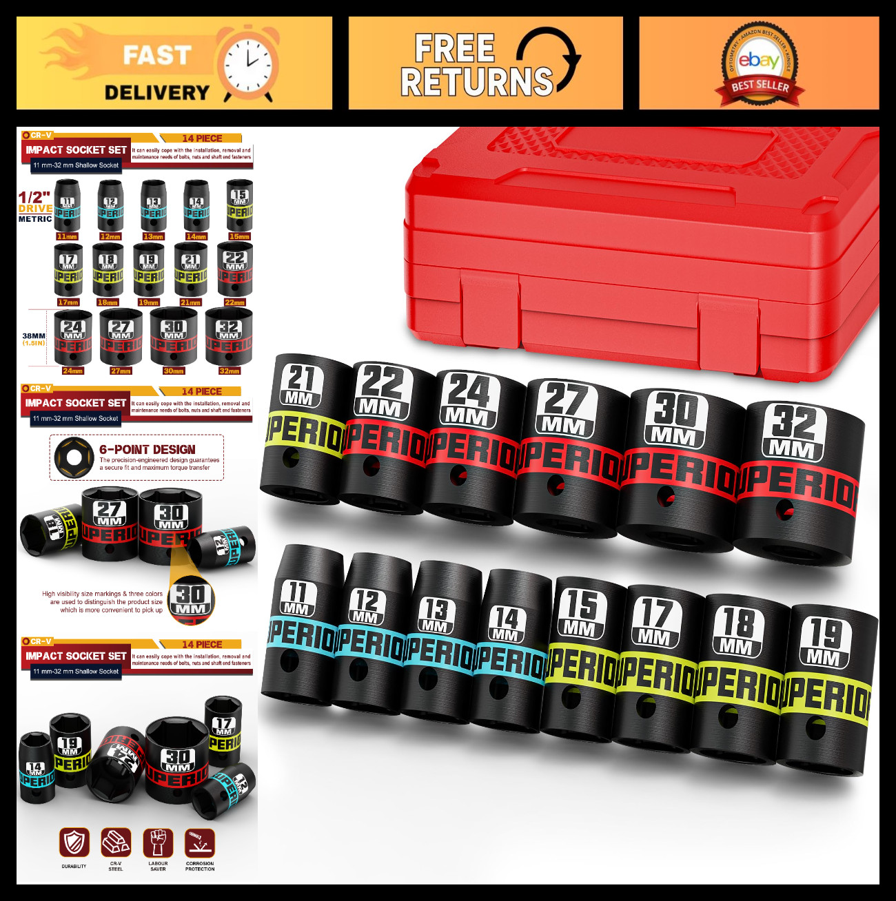 14-Piece 1/2″ Drive Metric Impact Socket Set, 11mm-32mm, 6 Point CR-V, Auto Repa