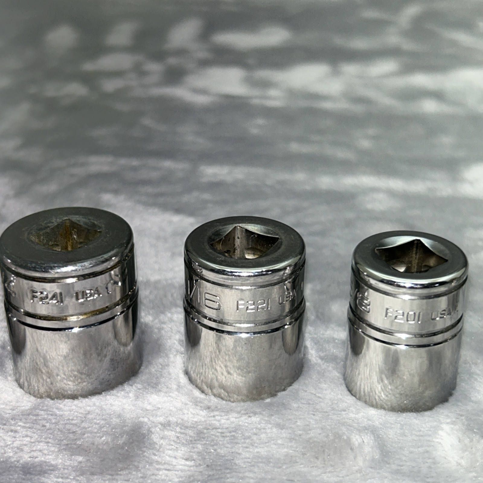 Snap On Tools 9pc Chrome 12pt. SAE Sockets 3/8″ Dr. F1 And F2 7/8-5/16 READ USA