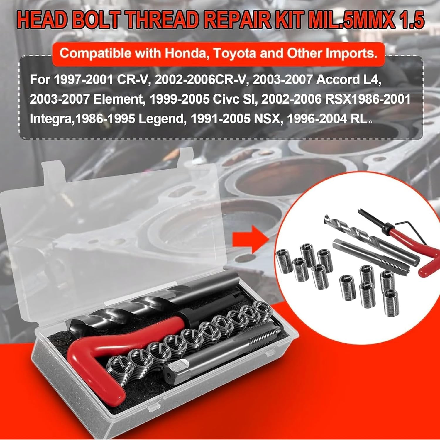 1420 Head Thread Bolt Repair Tool Kit for Honda B16 Engine, Toyota M11.5mm x 1.5