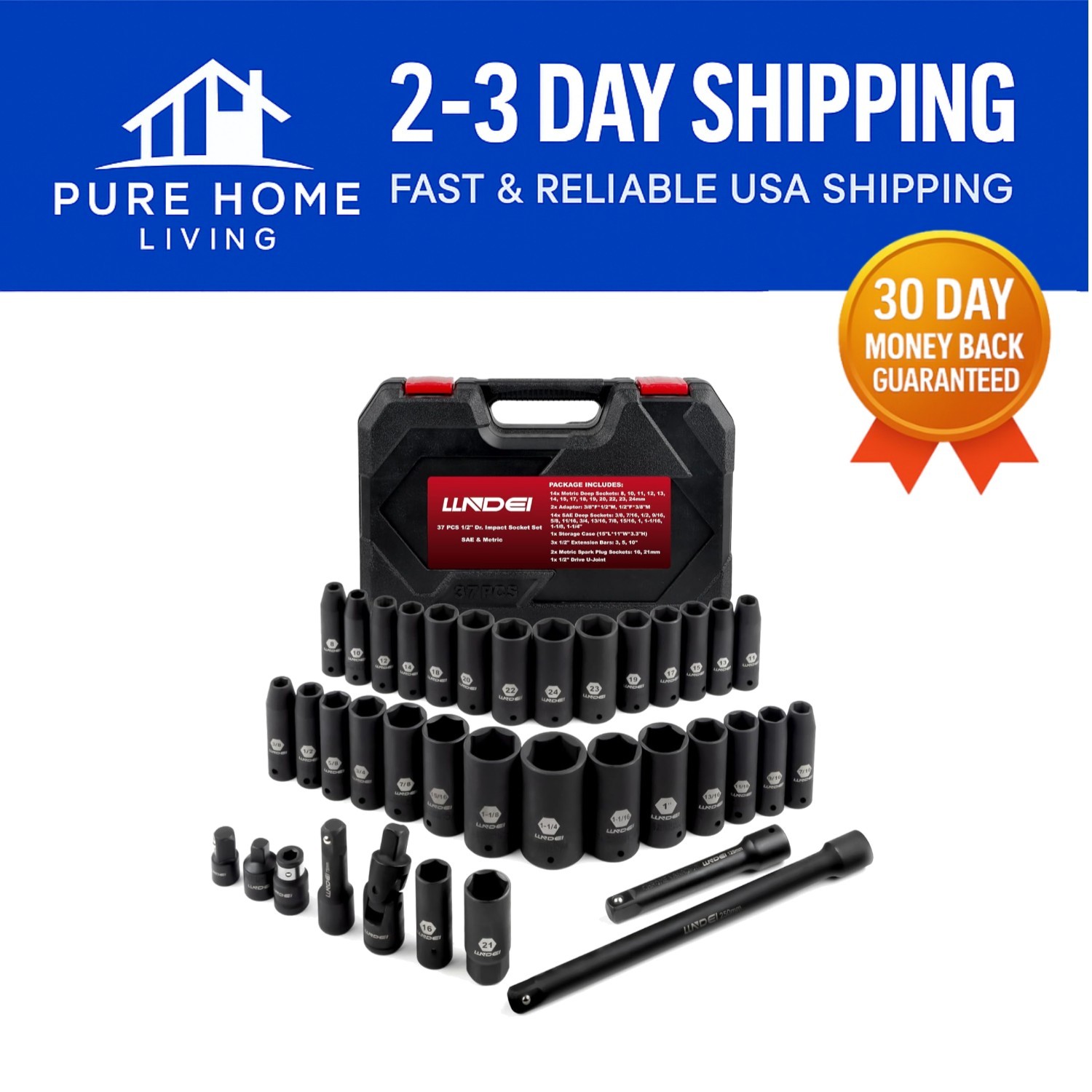 Versatile 1/2 Inch Deep Impact Socket Set, 37-Piece with 6-Point Design