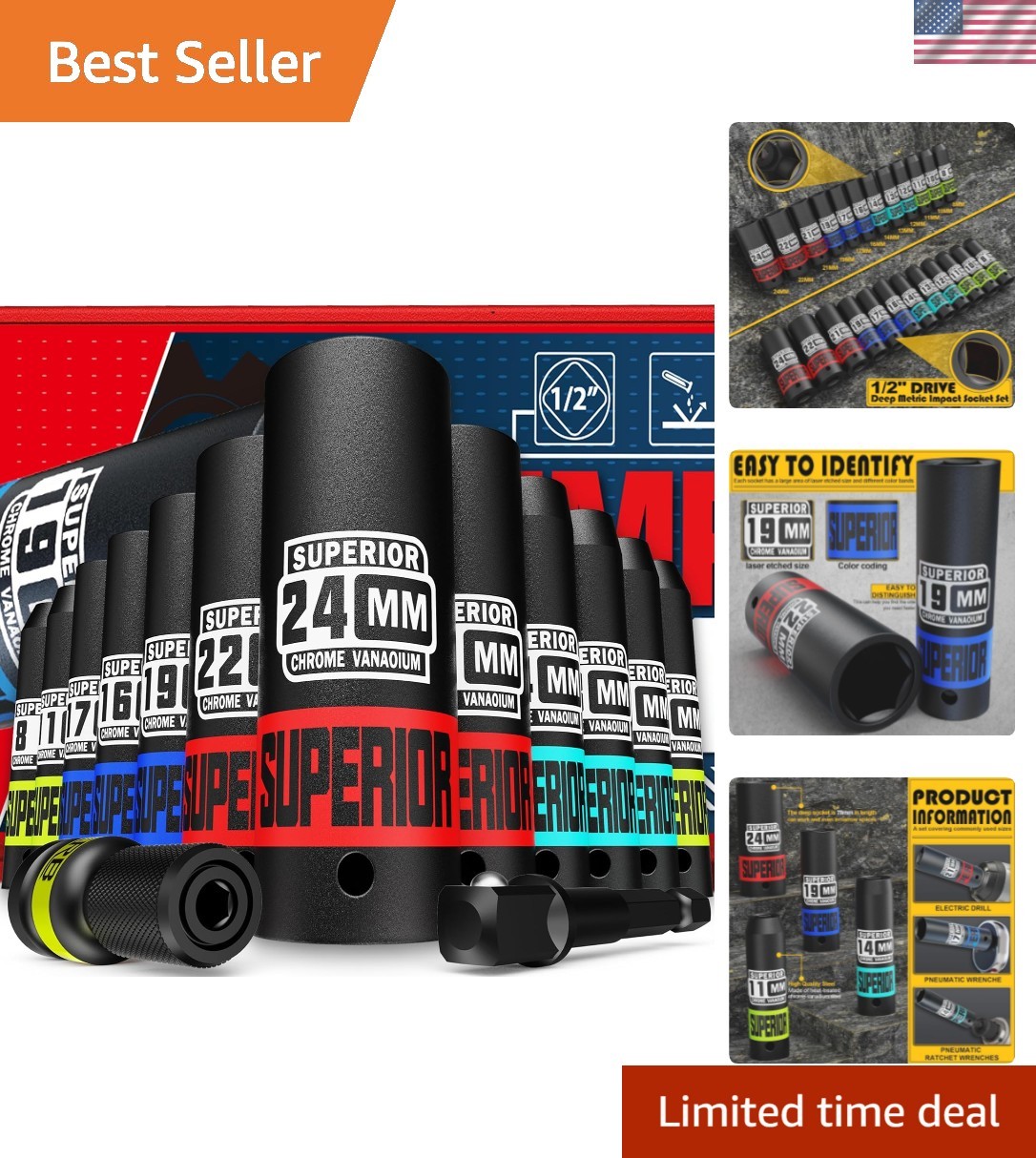 14 Piece 1/2″ Drive Impact Socket Set, 8 mm – 22 mm Deep Socket, Metric Socke…
