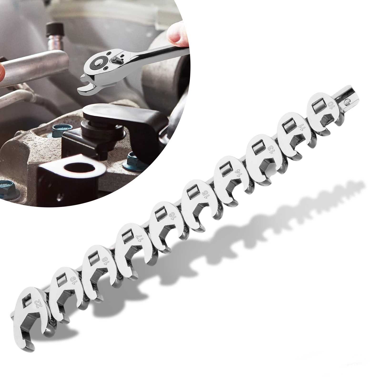 10 PCS Crowfoot Wrench Set 3/8″ Drive Interchangeable Heads w/ Clip-On Organizer