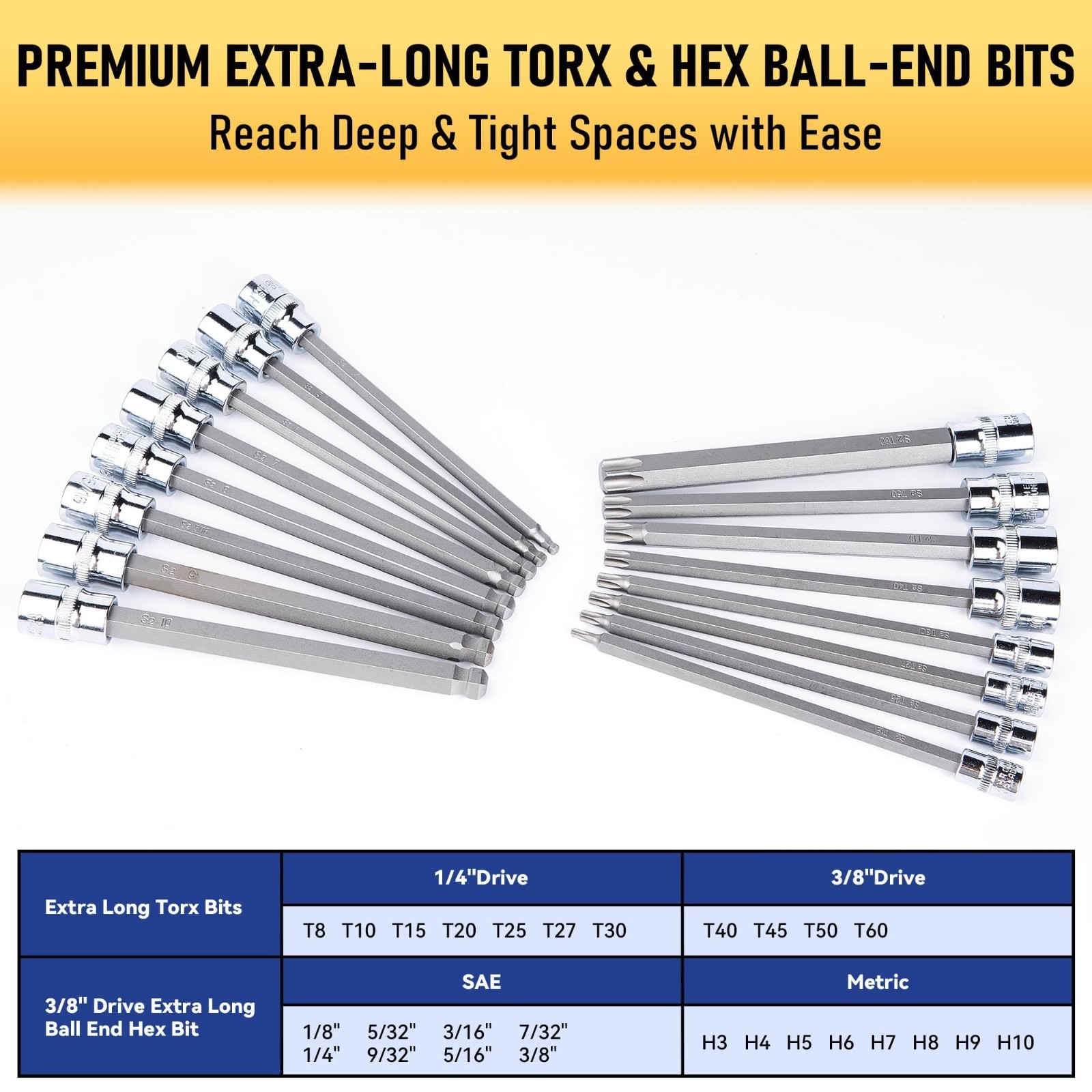 107-Piece Torx & Allen Bit Socket Set, S2 Steel, 1/4″ 3/8″ 1/2″ Drive, Long & Ba
