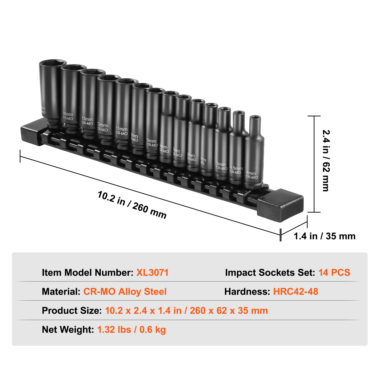 VEVOR Impact Sockets Set 14pcs 6-Point 1/4″ Drive Bit Ratchet Tool Kit Case