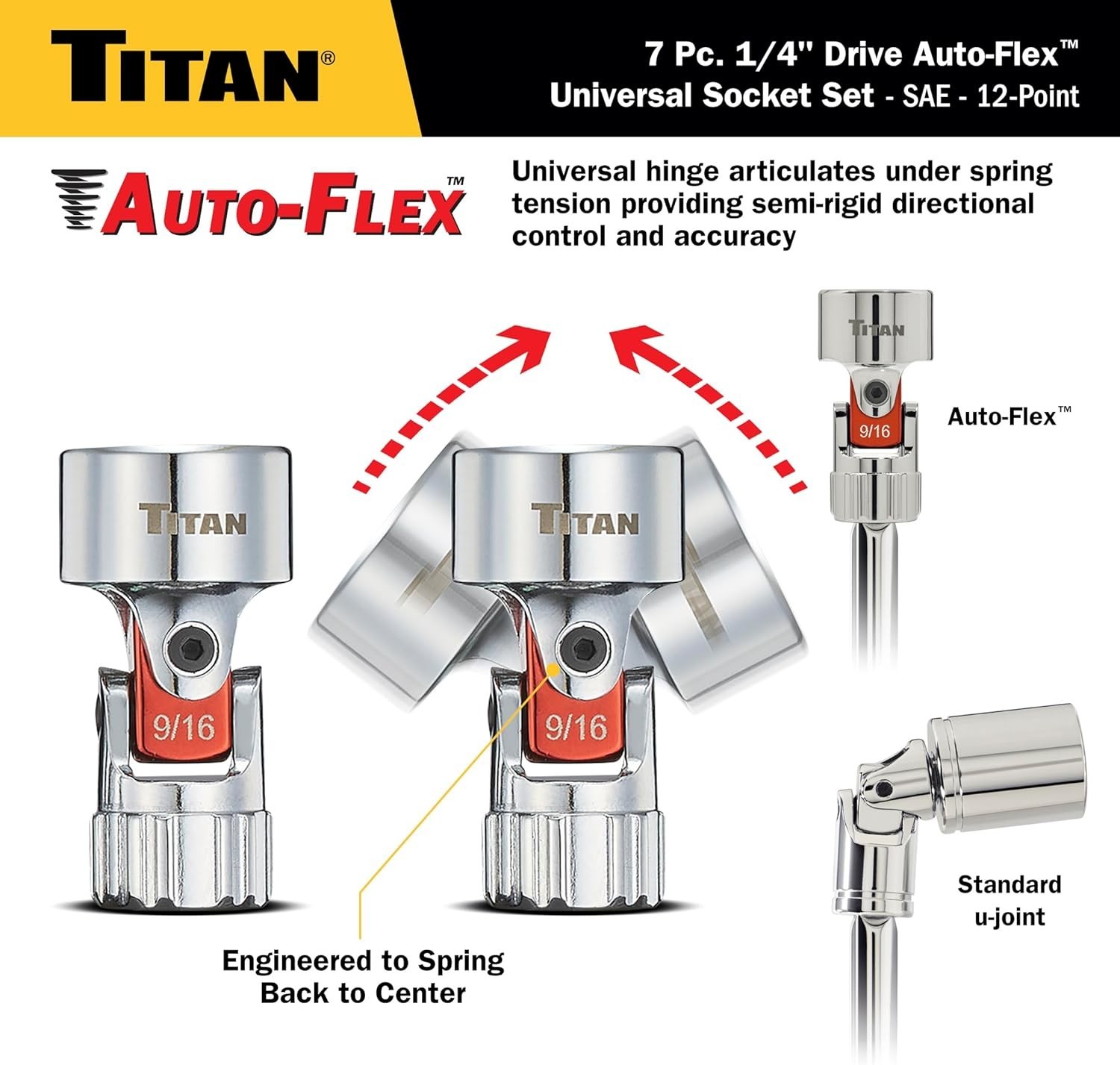 Titan 66860 7-Piece 1/4-Inch Drive SAE Auto Flex Universal Socket Set, 12-Point,