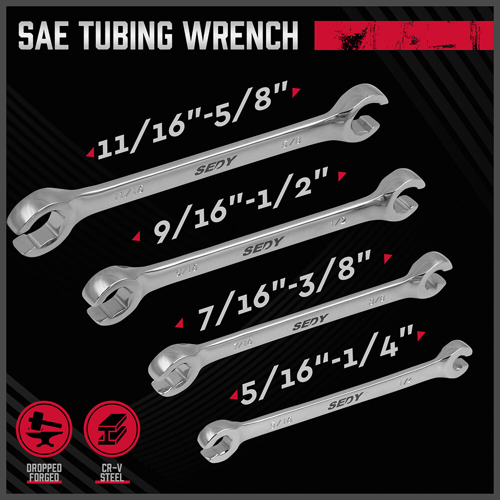 4PC Flare Nut Wrenches Fully Polished SAE Inch Brake Line Offset Head with Pouch