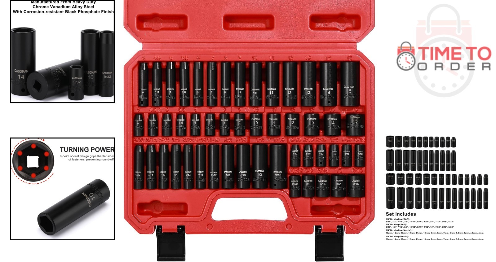 1/4 Inch Drive Impact Socket Set 50-Piece SAE Metric Deep Shallow Chrome Vana…