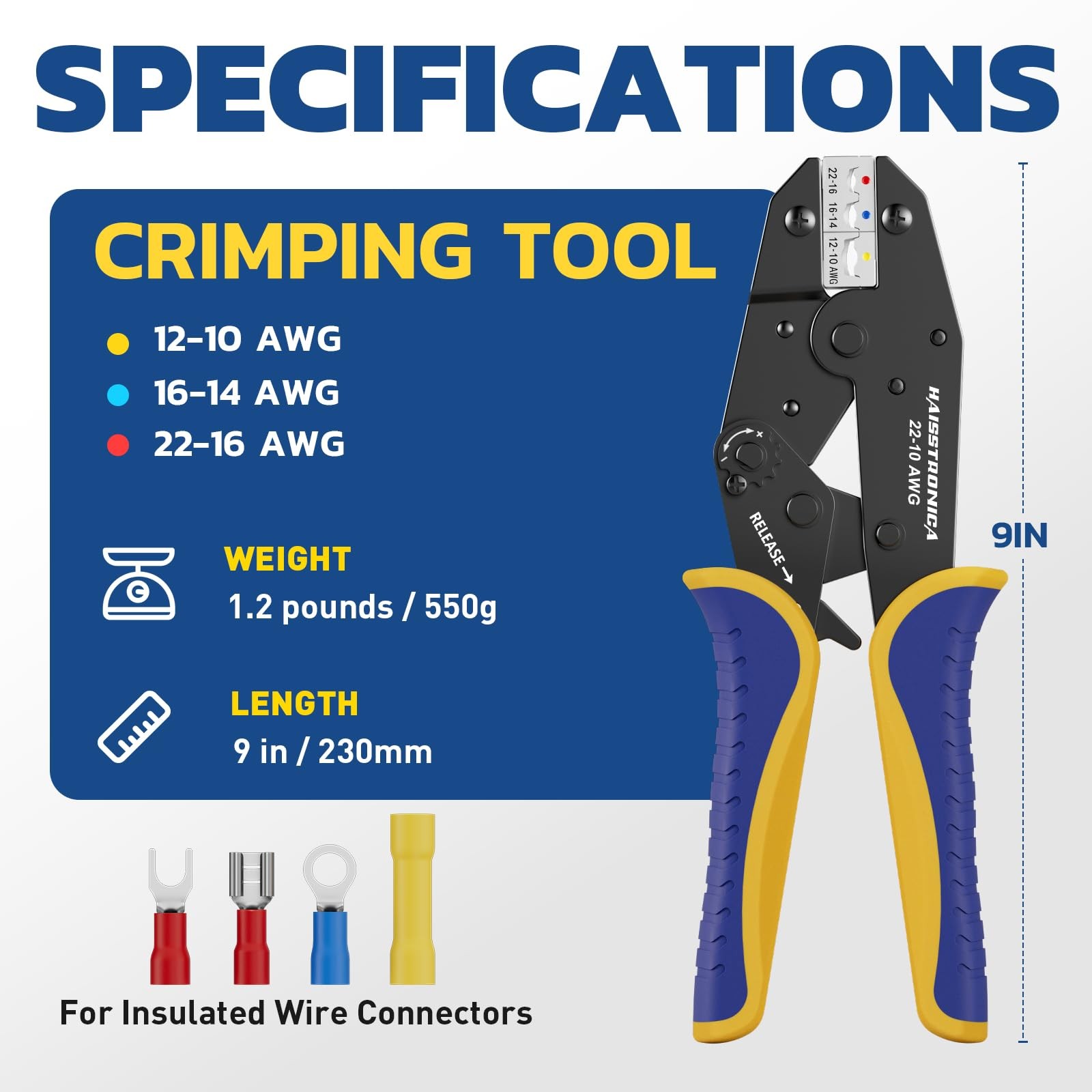 haisstronica Crimping Tool for Insulated 230 mm x 60 mm, Yellow,blue,red