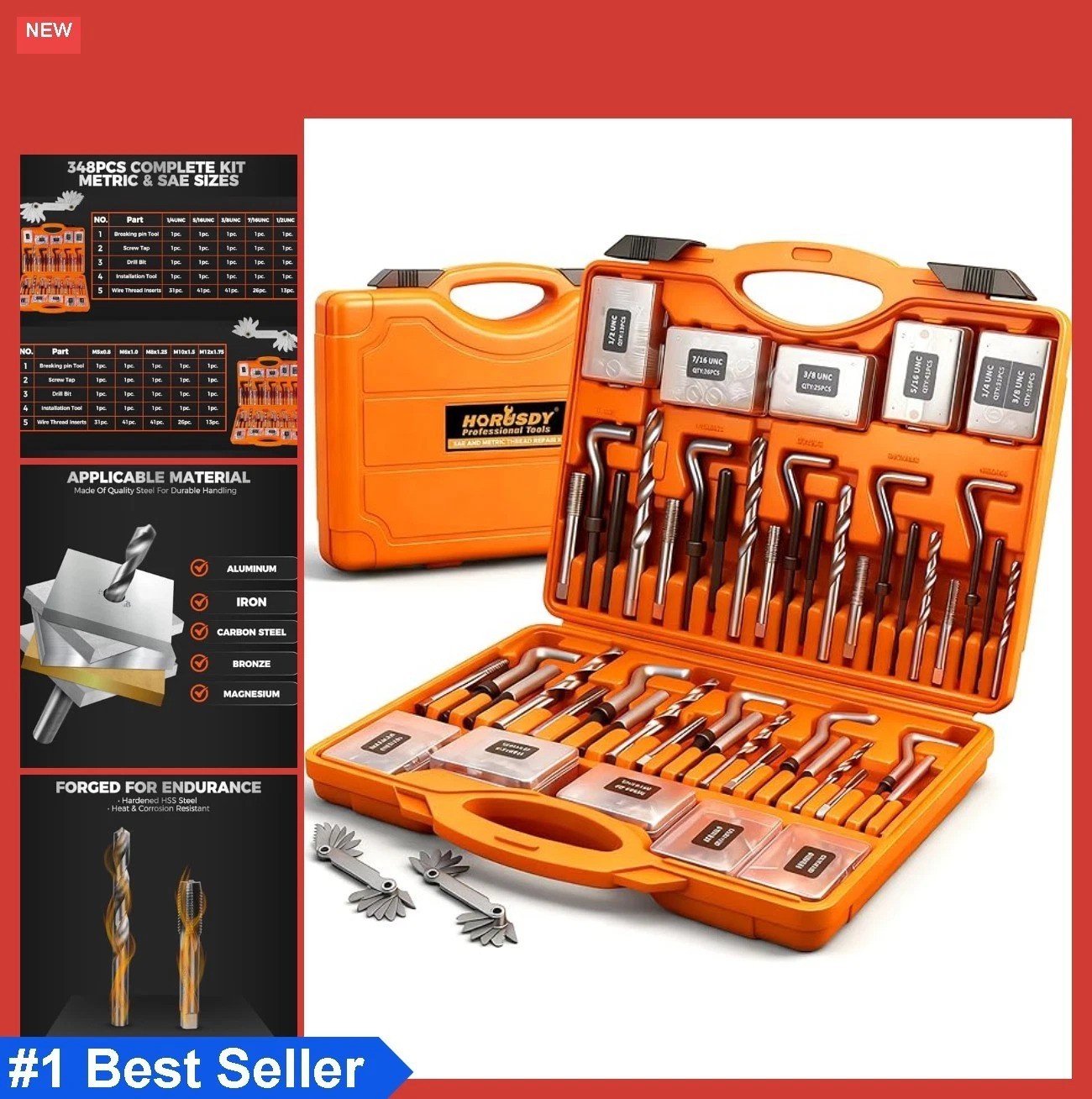 Thread Repair Kit 348 Piece Metric SAE Helicoil Set HSS Drill Bits Taps Inserts