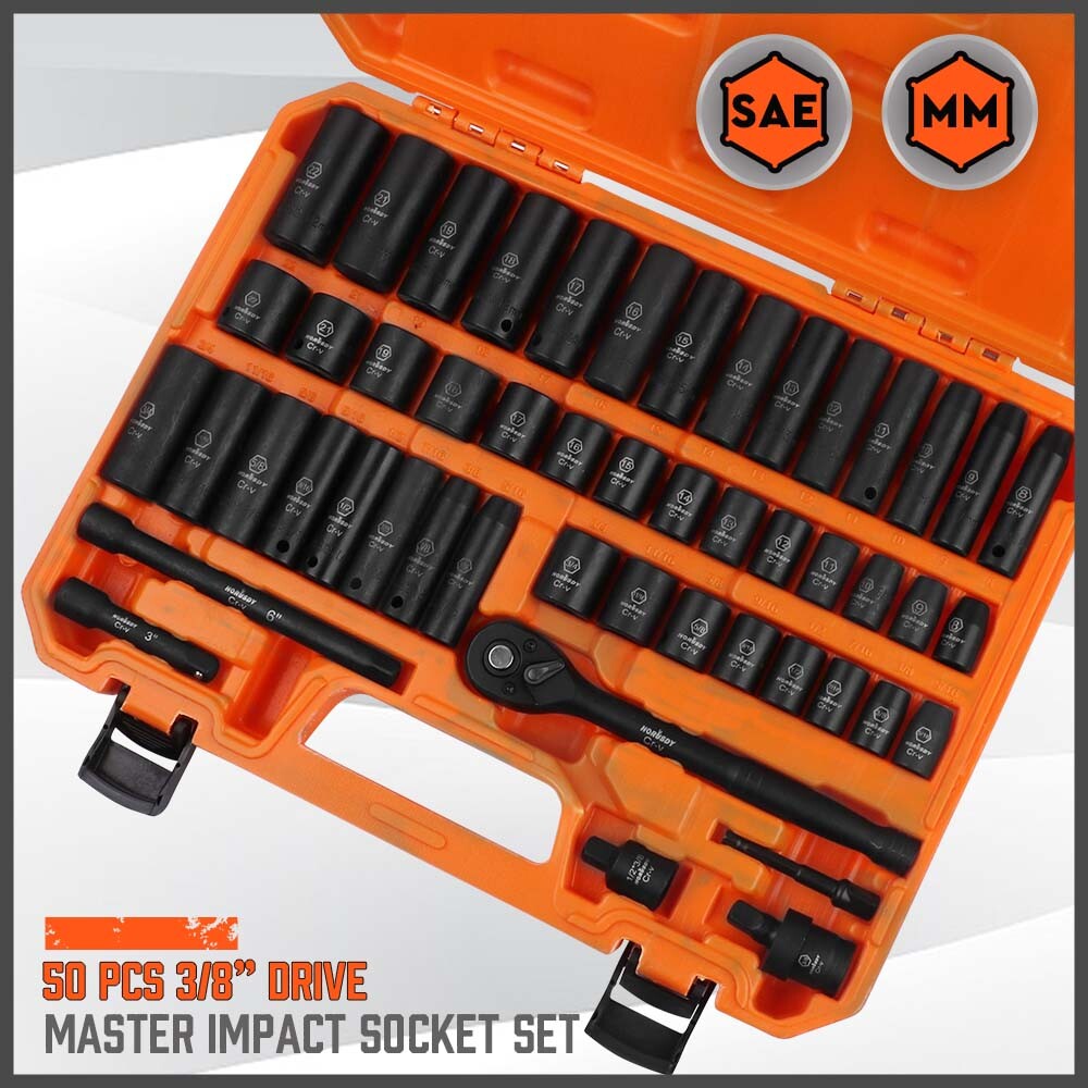 50PC 3/8″ Drive Impact Socket Set Deep & Standard SAE Metric 5/16 – 3/4 8 – 22MM