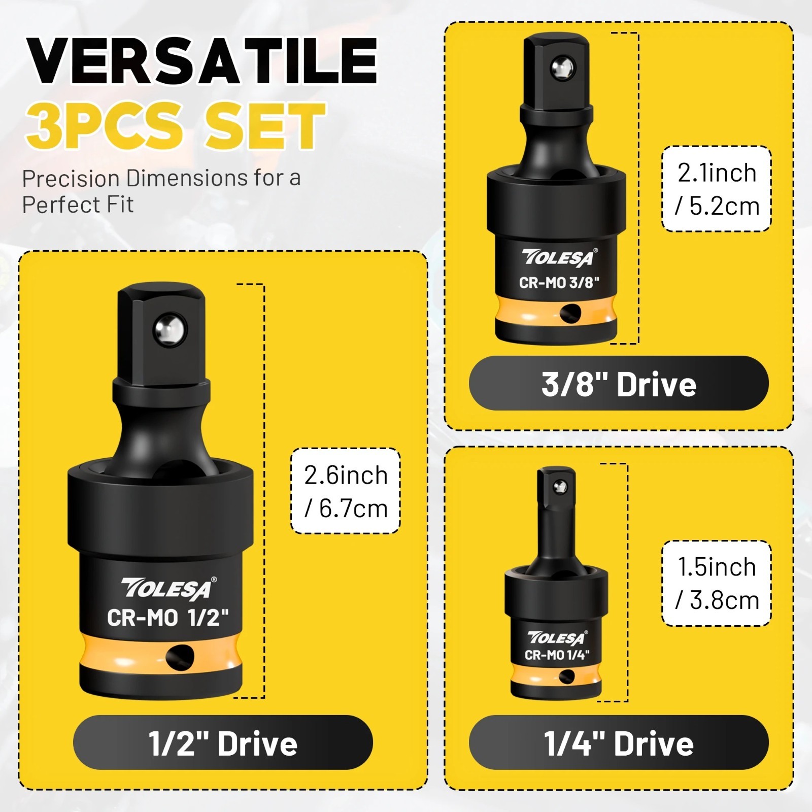 3PCS Swivel Socket Set Universal Joint Wobble Socket 1/4 3/8 1/2 Drive