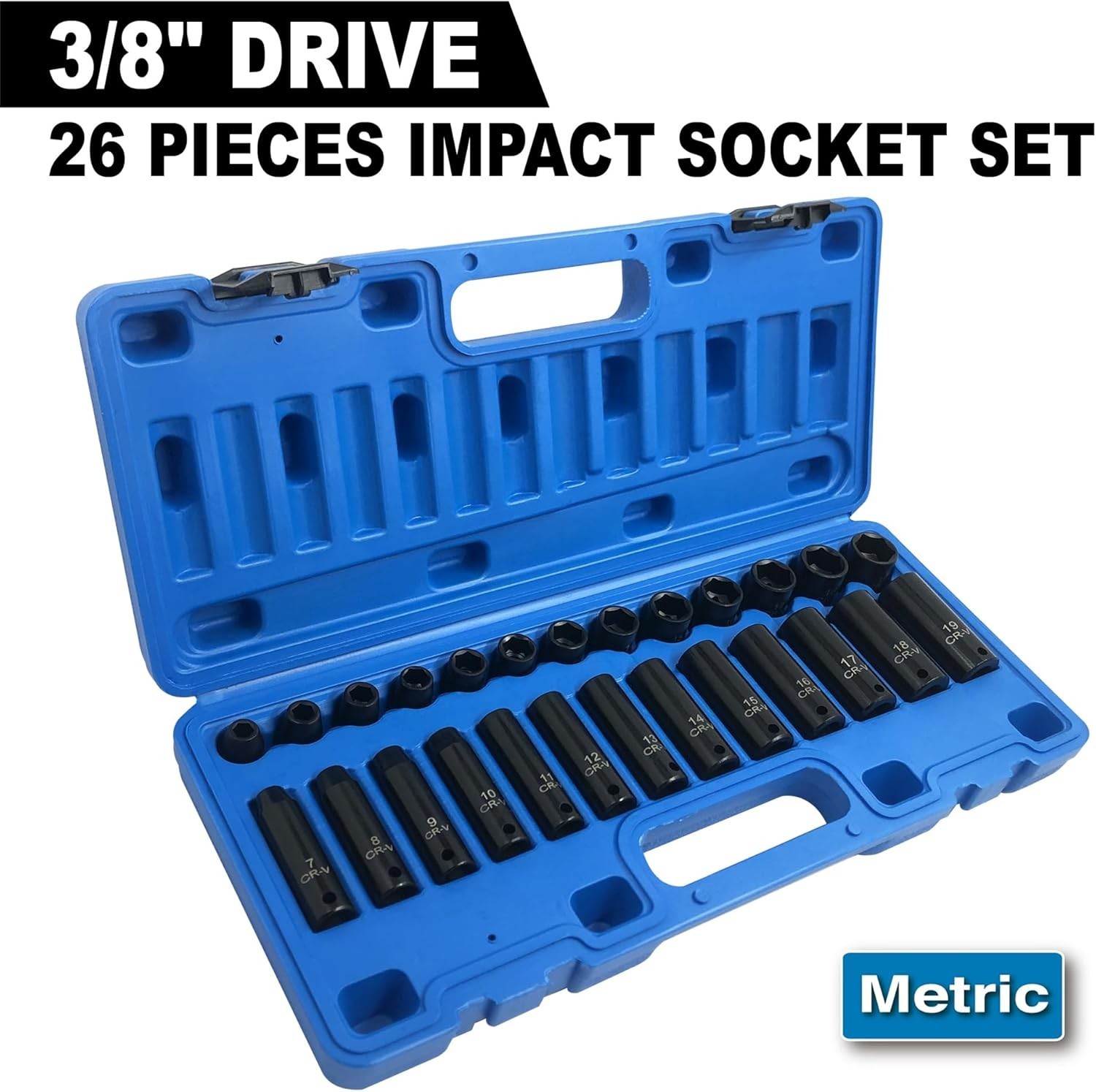 26pcs 3/8″ Impact Socket Set, Deep & Standard Socket, Metric 7mm to19mm, 6-Point