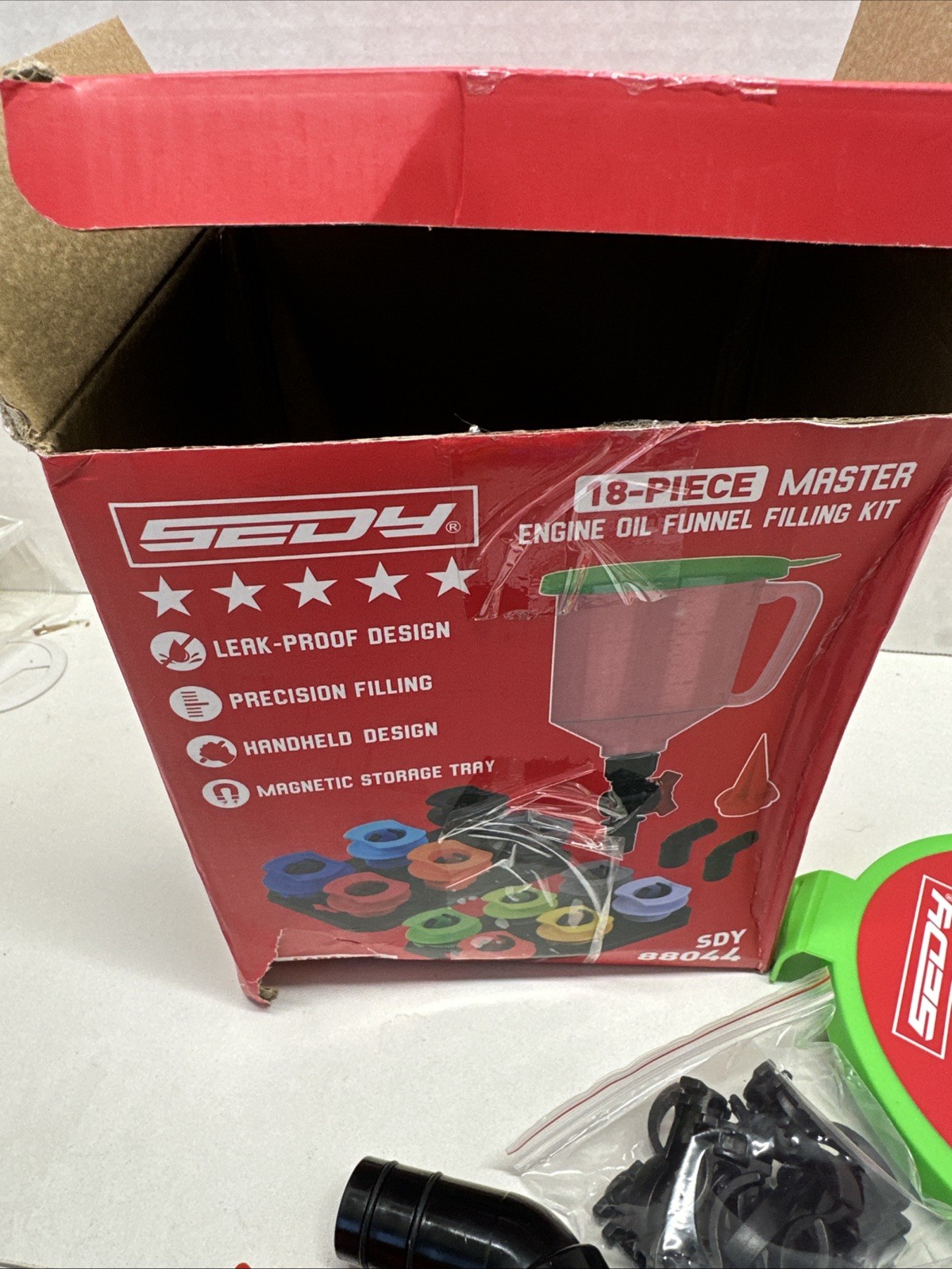 18 PCs Sedy Master Engine Oil Funnel Filling Kit Universal Colour Coded Open Box
