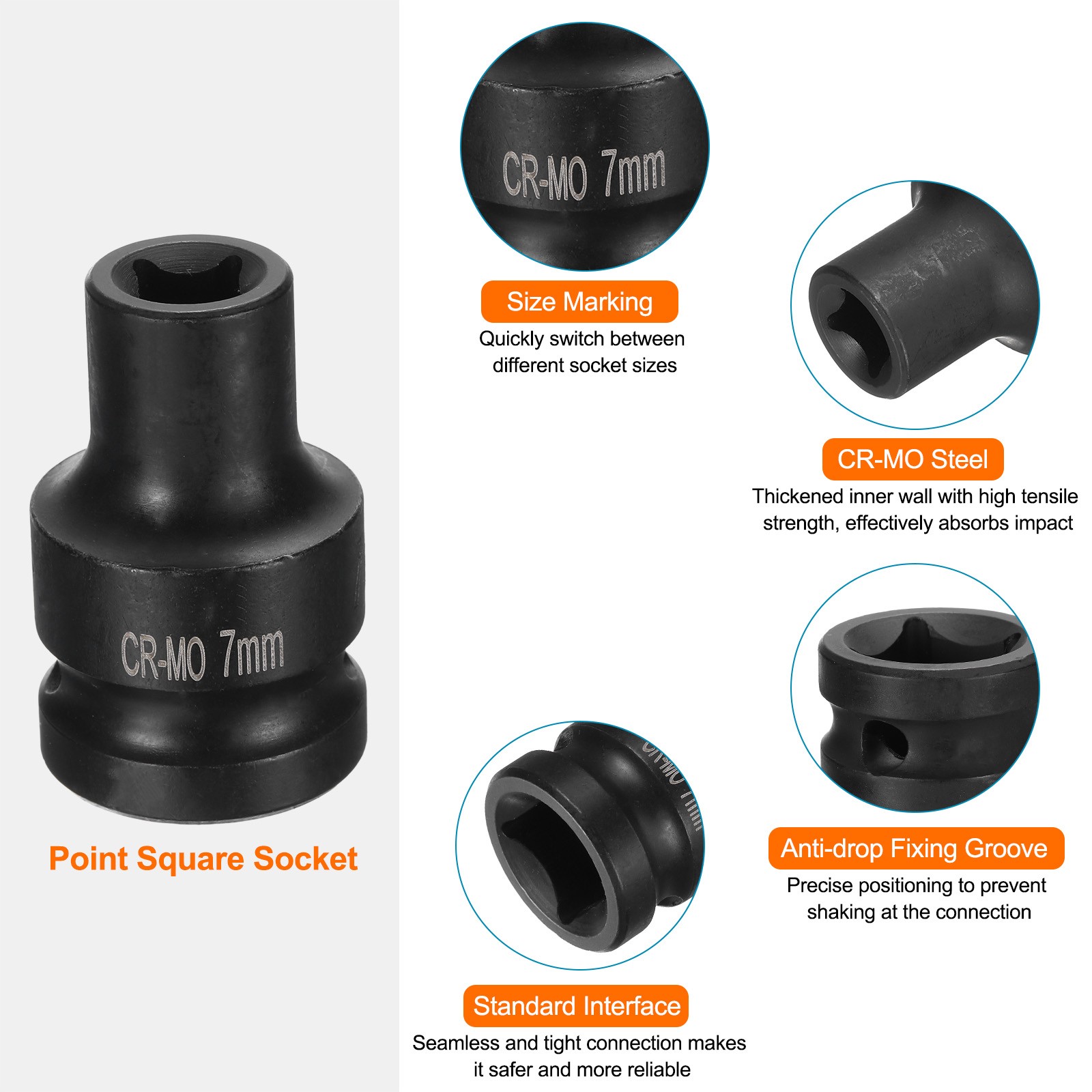 4 Point Square Socket 1/2″ Drive 7mm Metric CR-MO Square Impact Wheel Socket
