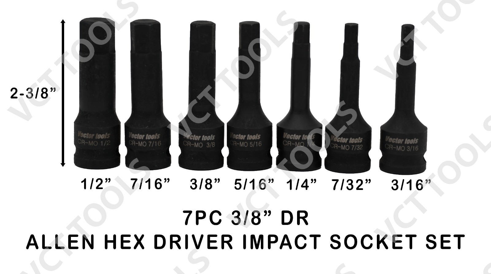 7pc SAE Impact Hex Bit Socket Set 3/8″ Drive CR-MO Steel Long Reach Allen Driver