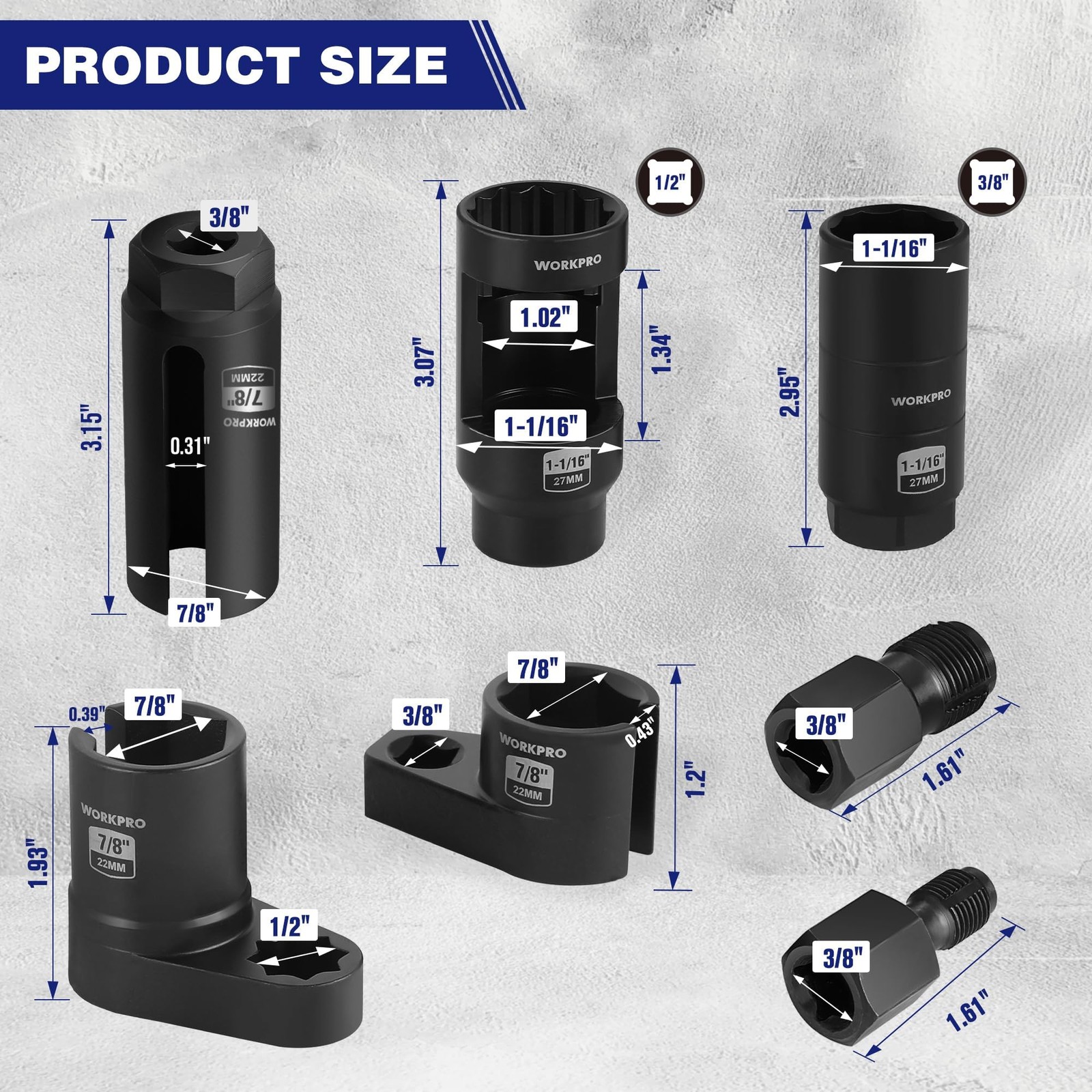 7PCS O2 Oxygen Sensor Socket, Automotive 3/8″ 1/2″ Drive x 11/16″ 7/8″ 27mm 2…
