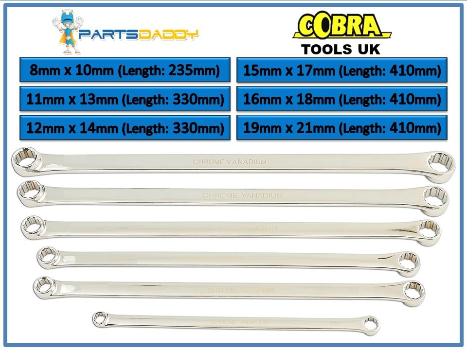 6PC PRO EXTRA LONG FLAT DOUBLE RING SPANNER SET 8mm-21mm LONG REACH WRENCH 23-72