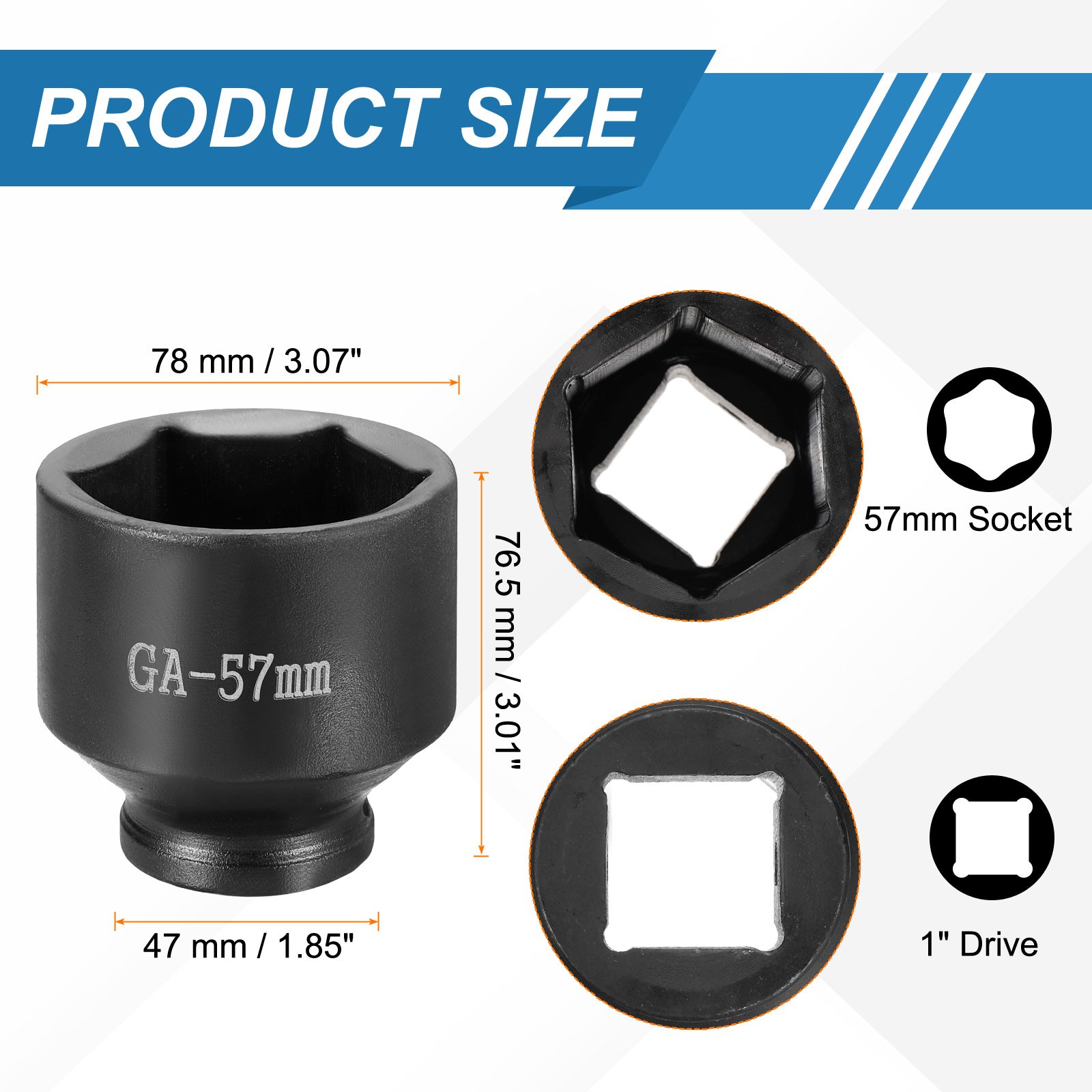 1 Inch Drive 57mm 6 Point Impact Socket Chromium Vanadium Steel