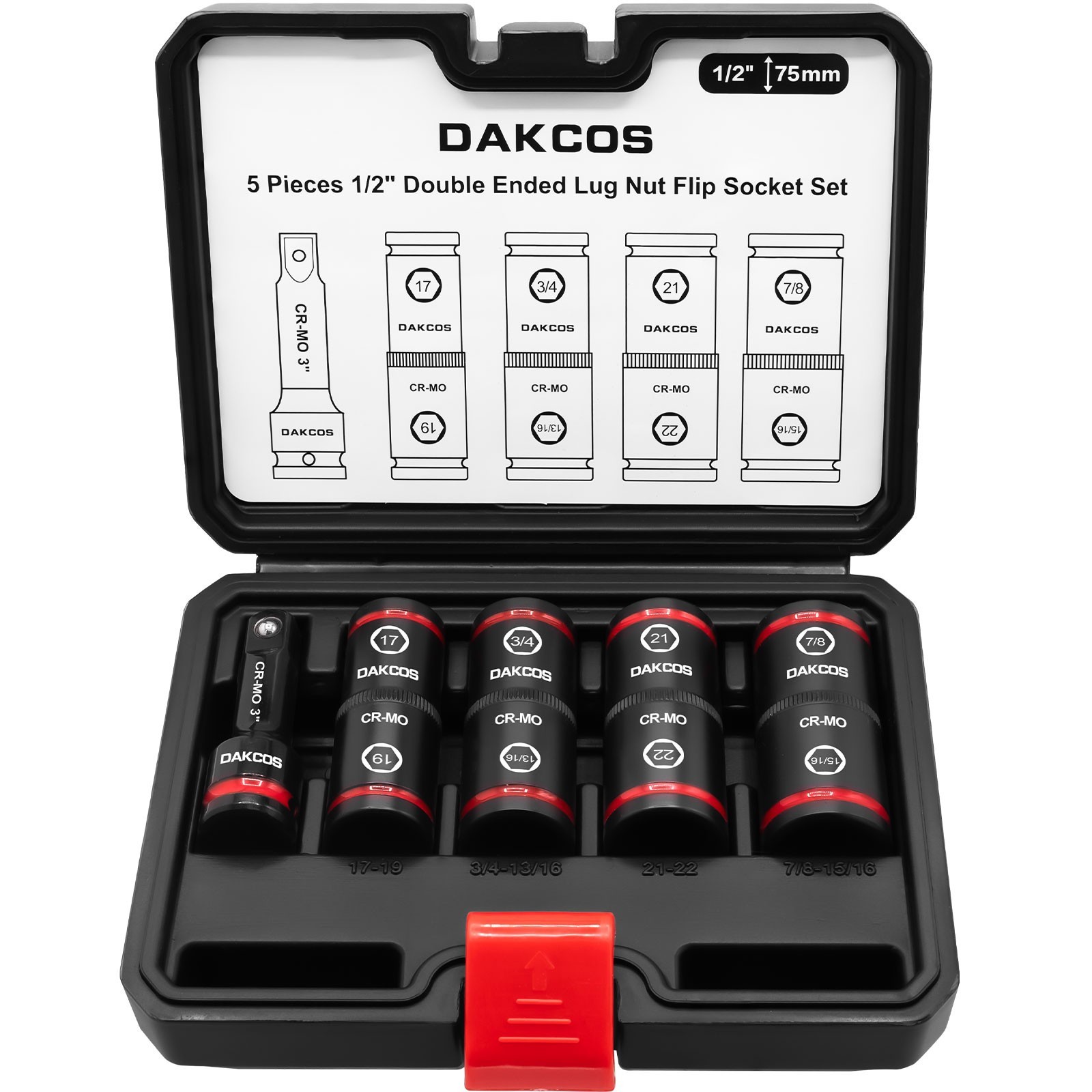 DAKCOS 1/2″ Drive Impact Lug Nut Socket Set, Double End, with 3″ Extension Bar