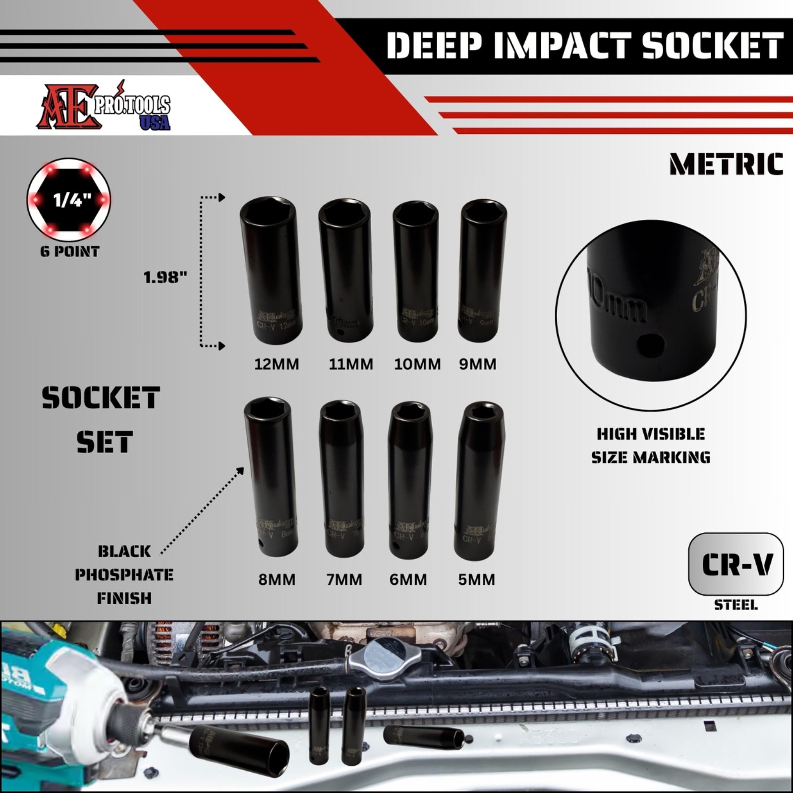 (18 PC) 1/4″ Deep Impact Socket Set | SAE: 3/16″ – 7/16″, Metric: 5mm – 12mm