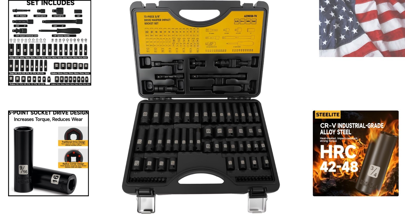 72 PCS 3/8″ Impact Socket Bit Set 6 Point, CRV SAE and Metric Sizes 5/16 to 3…