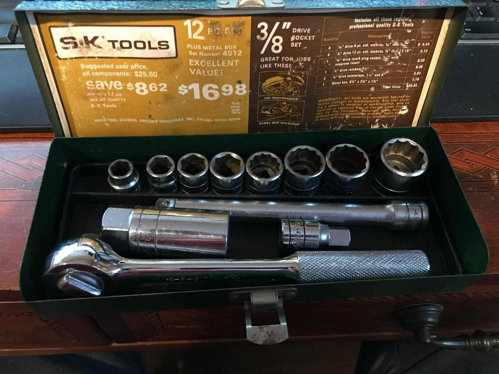 Vintage S-K SK Tools- 3/8” Drive Socket Set #4512 w/ 12 Pieces & Metal Case USA!