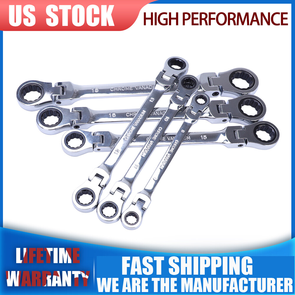 6x Universal Double Box End Ratcheting Wrench Flex-Head Long Spanner Set 8-19mm