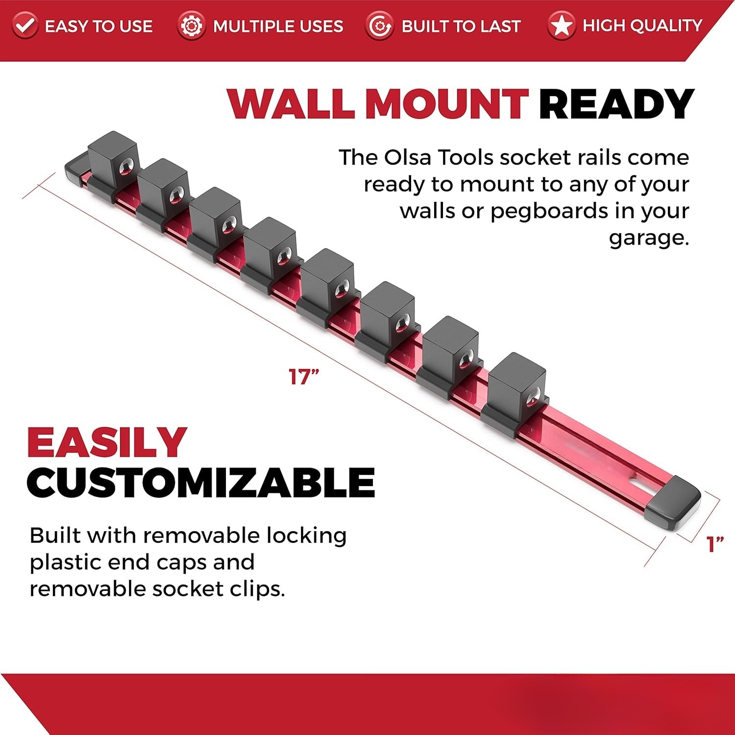 Socket Organizer – 3/4-Inch Drive – Red Rail Holder for Impact Sockets