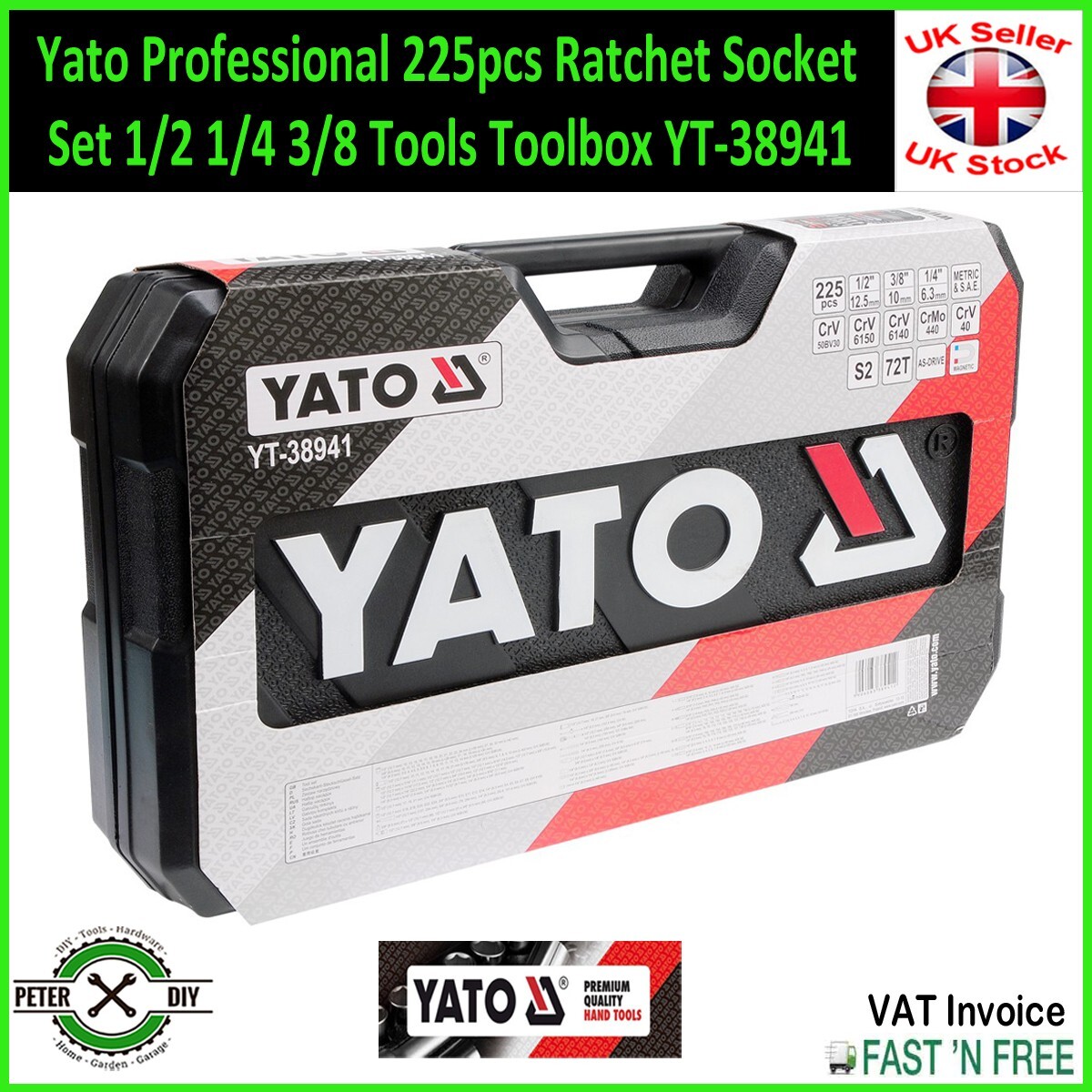 225pcs Ratchet Socket Set 1/2 1/4 3/8 Tools Toolbox YT-38941 Professional YATO