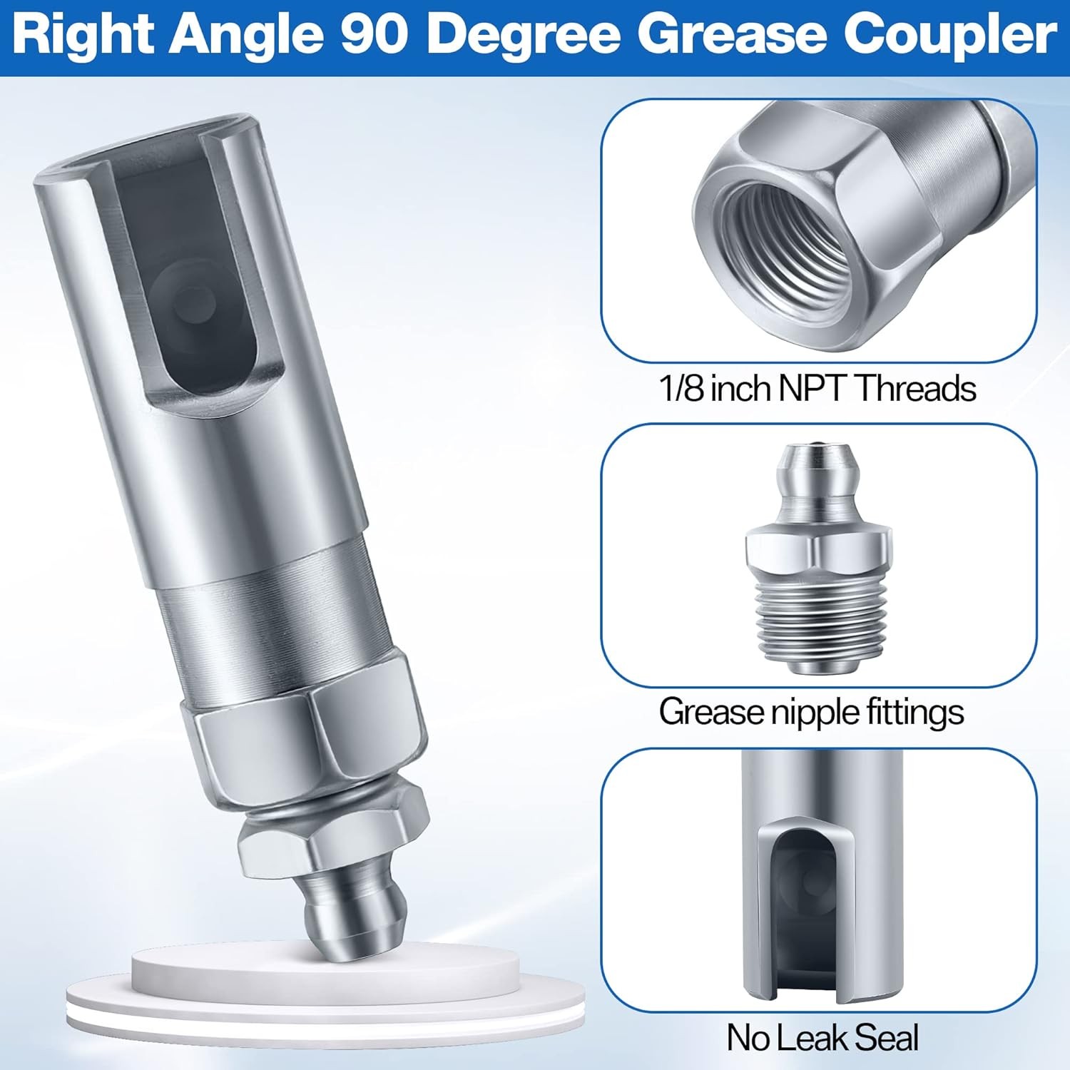 90° Grease Gun Coupler, 1/8″ NPT Right Angle Push-On Fitting, 2.1″ Length
